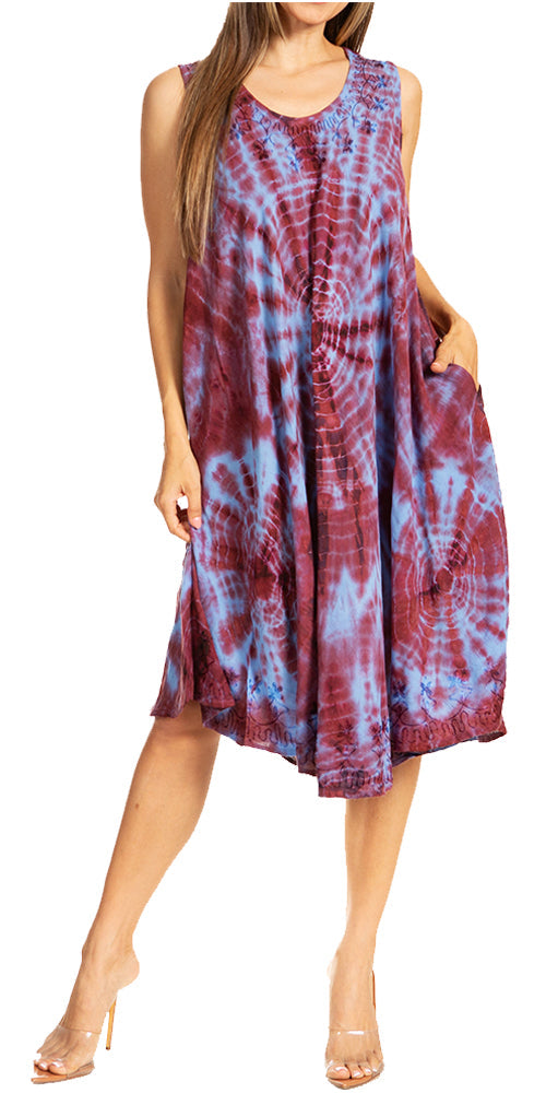 Sakkas - Nora Sleeveless Embroidered Short Tie Dye Caftan