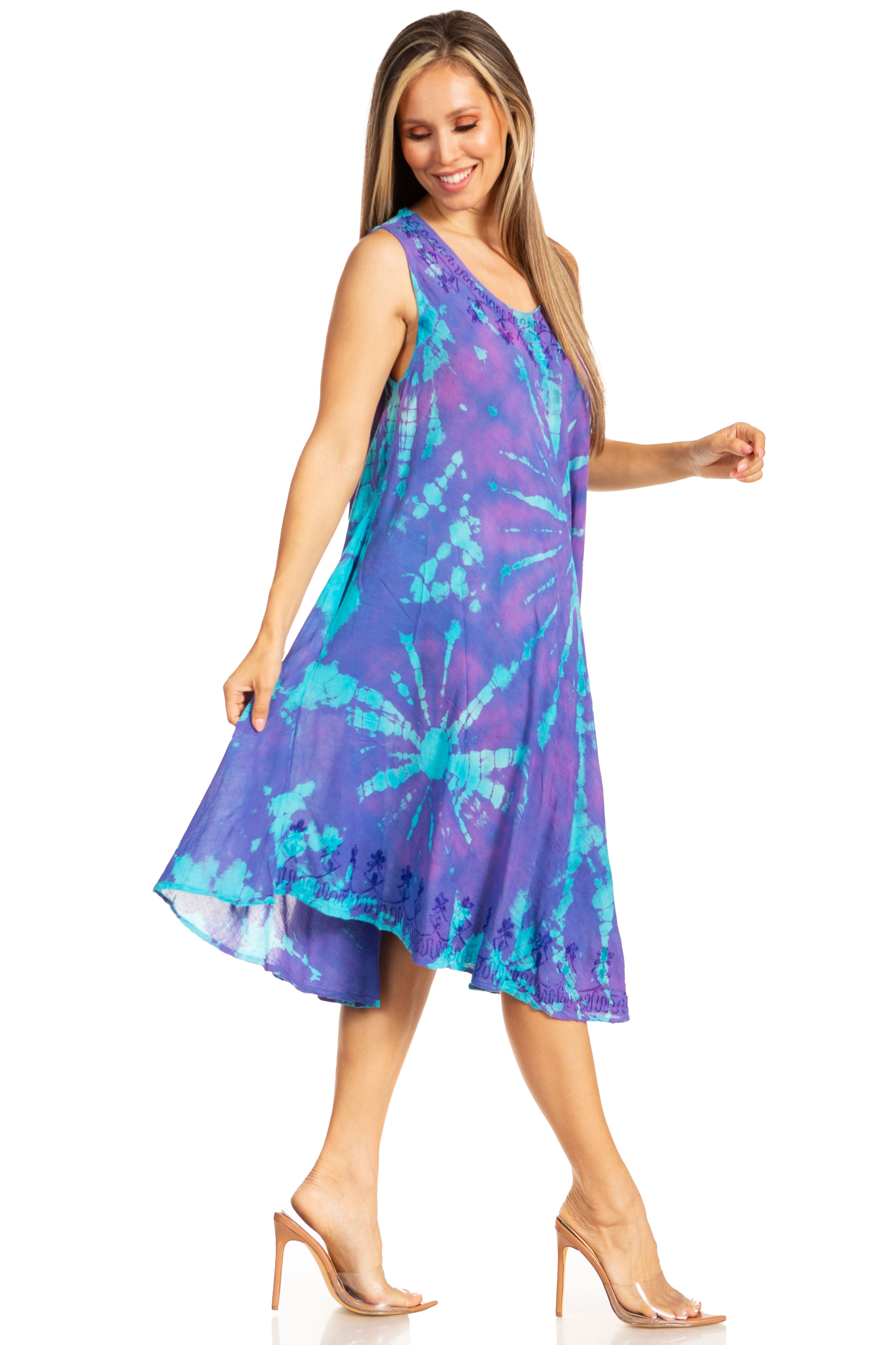 Sakkas - Nora Sleeveless Embroidered Short Tie Dye Caftan