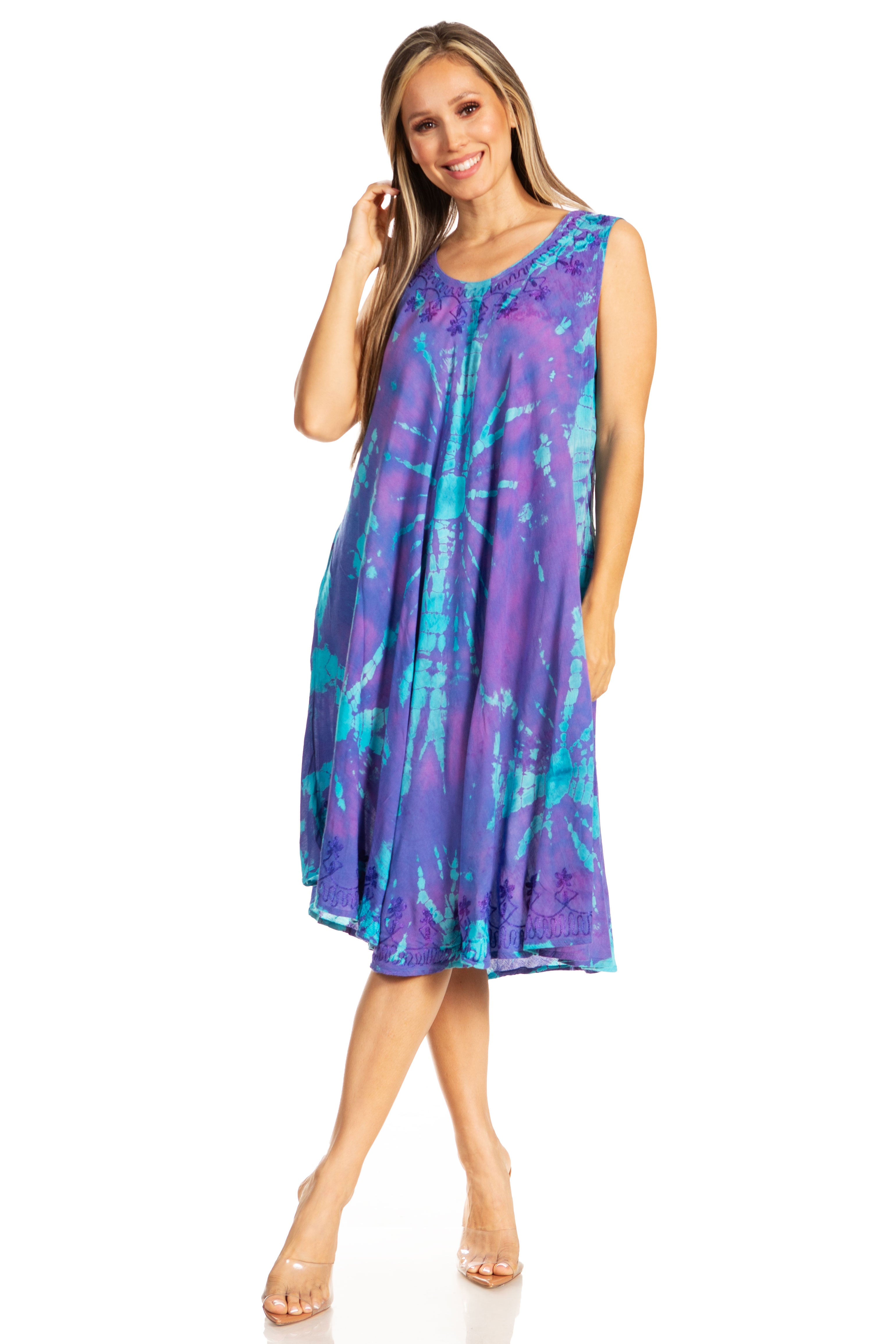 Sakkas - Nora Sleeveless Embroidered Short Tie Dye Caftan