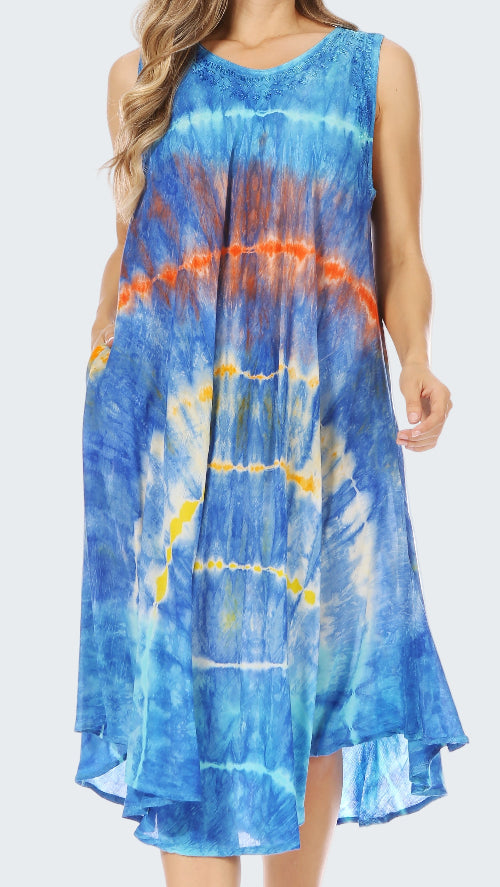 Blue tie-dye dress with orange and yellow accents on a white background