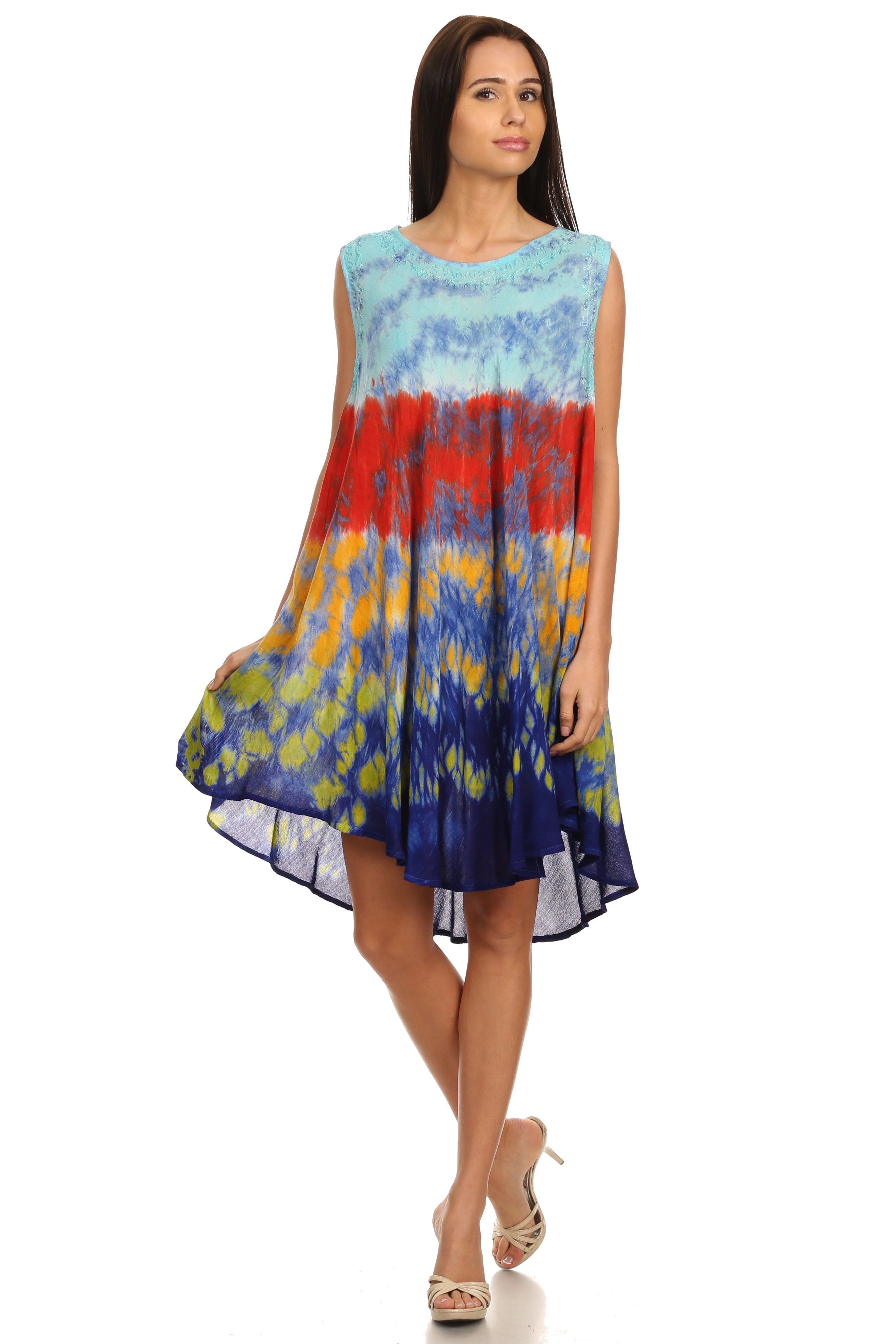 Sakkas - Nora Sleeveless Embroidered Short Tie Dye Caftan