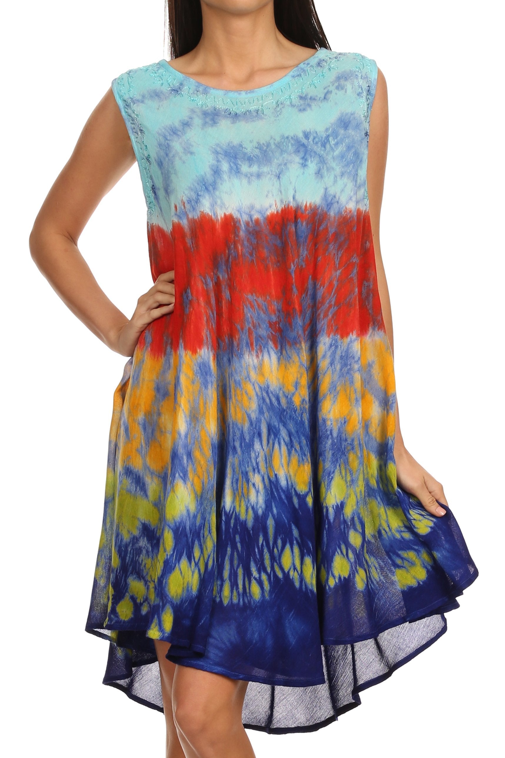 Sakkas - Nora Sleeveless Embroidered Short Tie Dye Caftan