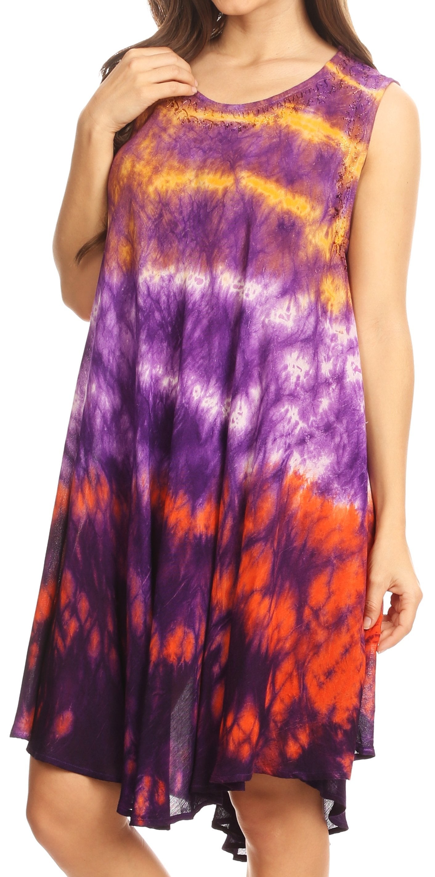 Sakkas - Nora Sleeveless Embroidered Short Tie Dye Caftan