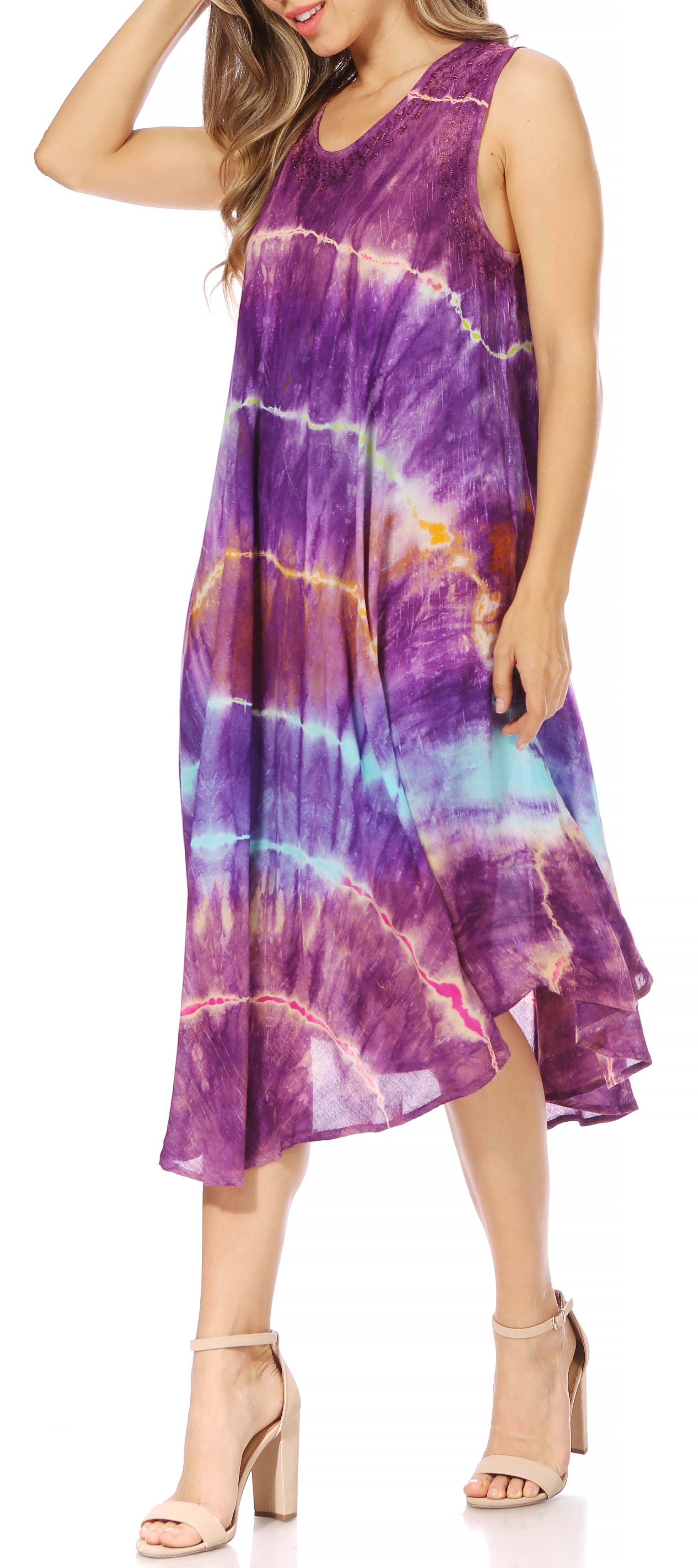 Sakkas - Nora Sleeveless Embroidered Short Tie Dye Caftan