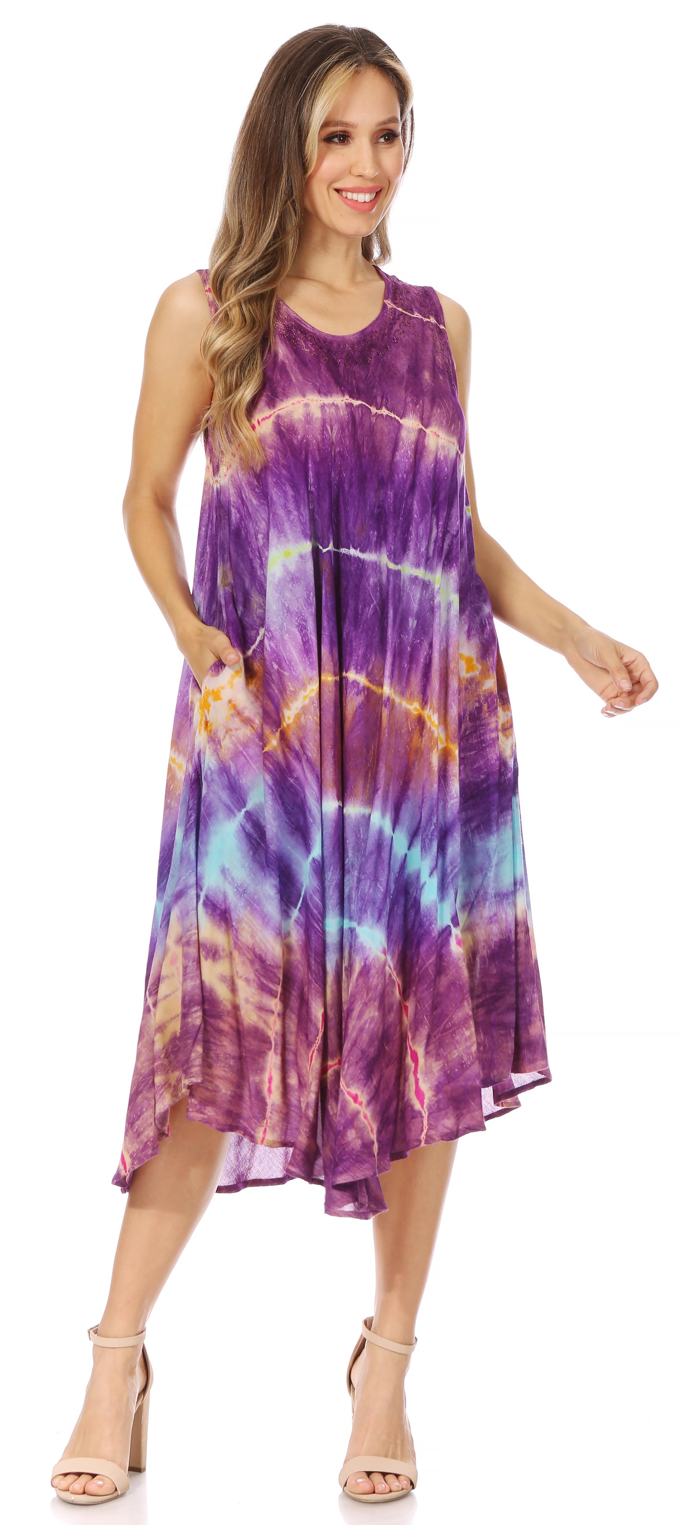 Sakkas - Nora Sleeveless Embroidered Short Tie Dye Caftan