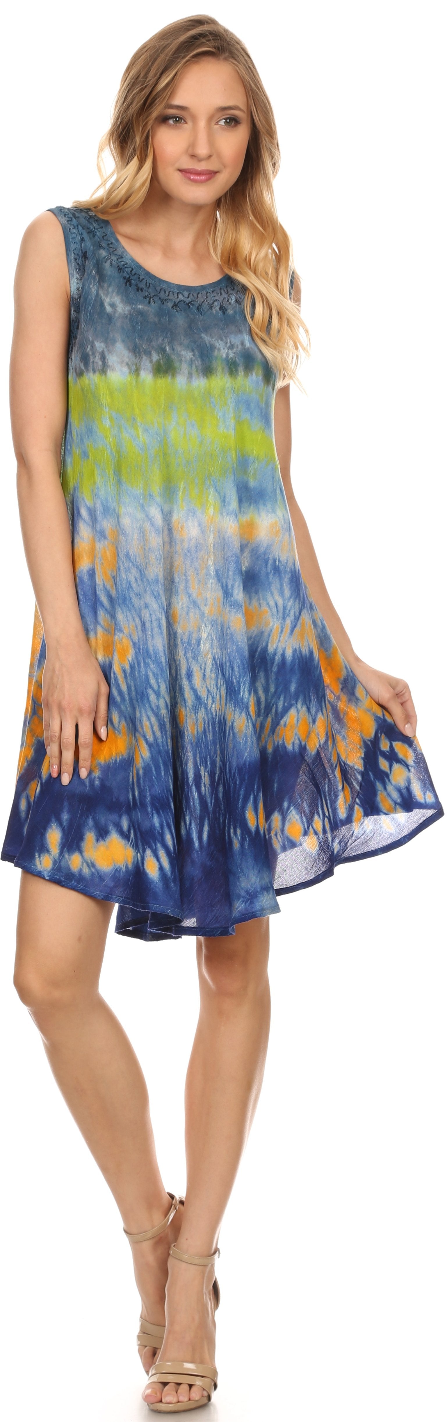 Sakkas - Nora Sleeveless Embroidered Short Tie Dye Caftan