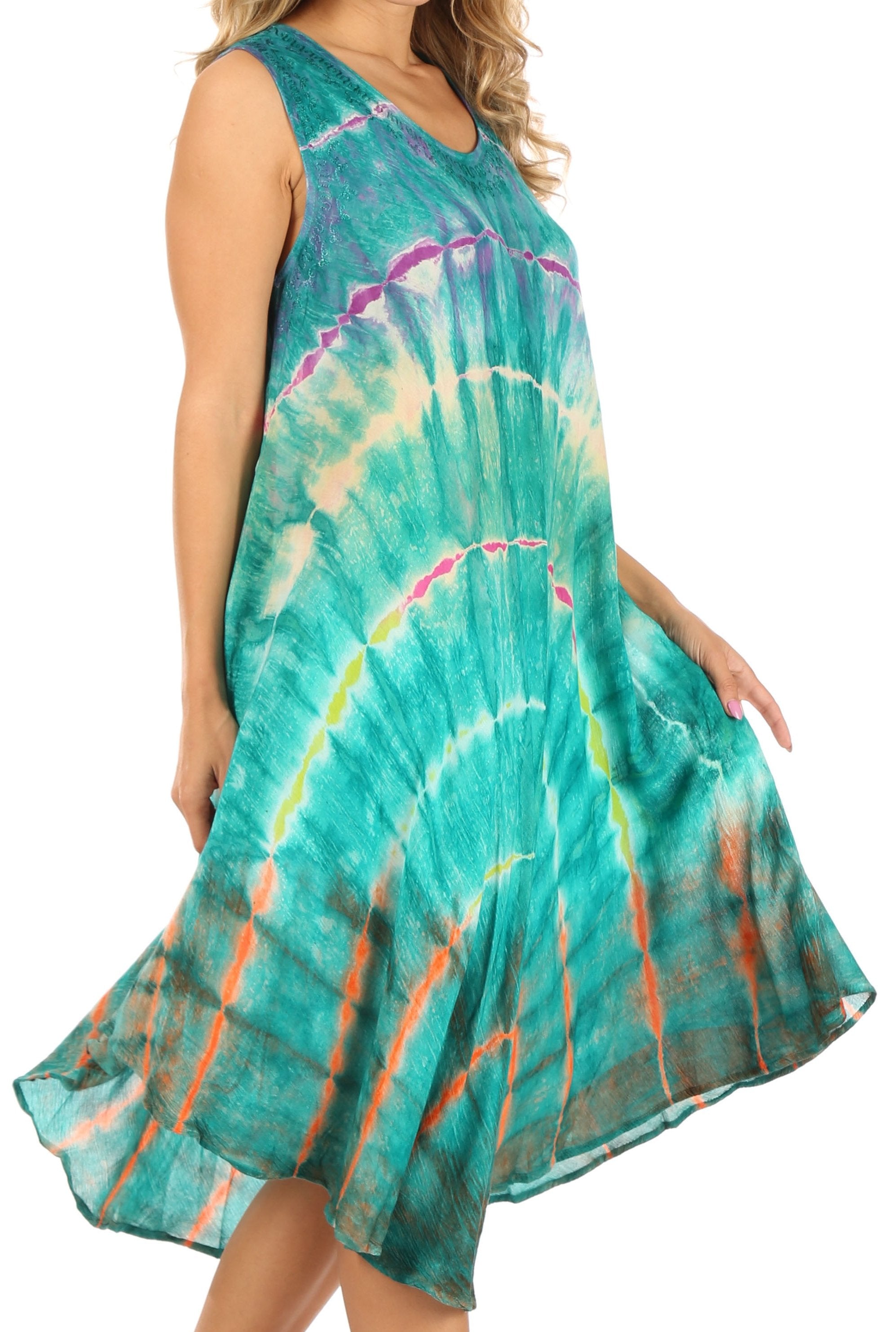 Sakkas - Nora Sleeveless Embroidered Short Tie Dye Caftan
