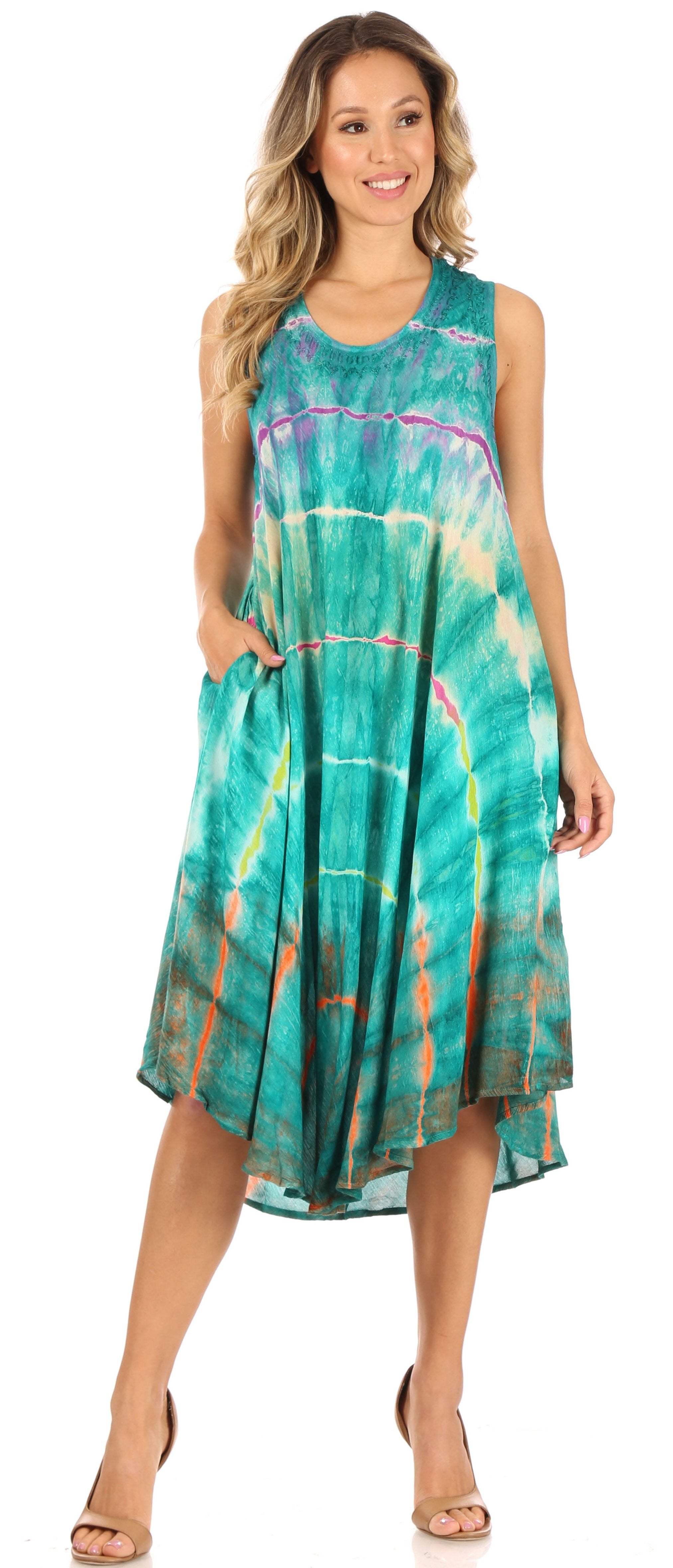 Sakkas - Nora Sleeveless Embroidered Short Tie Dye Caftan