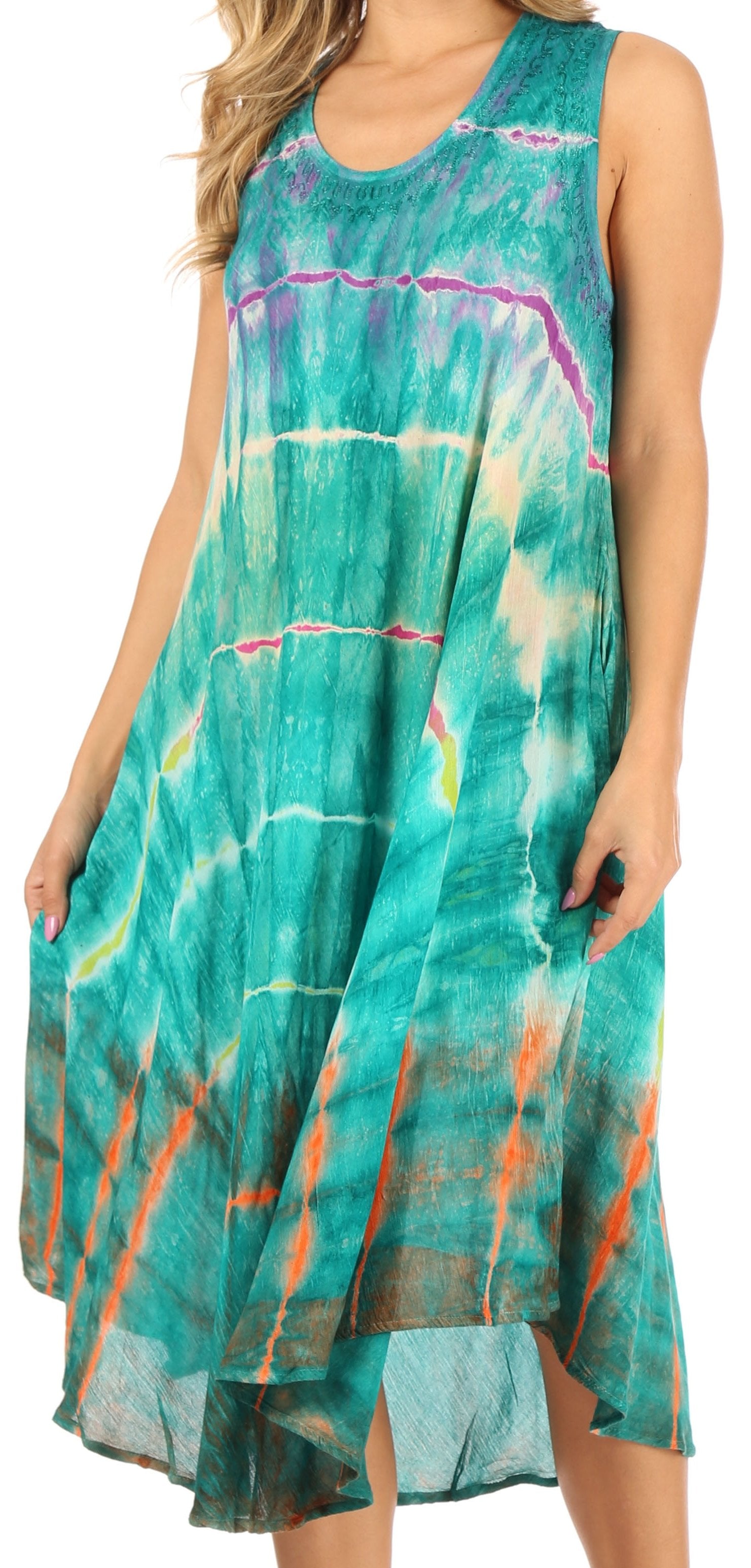 Sakkas - Nora Sleeveless Embroidered Short Tie Dye Caftan