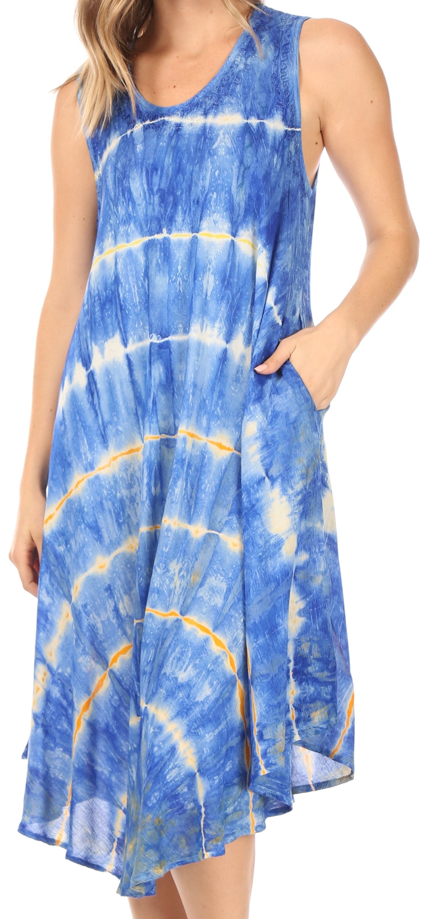 Sakkas - Nora Sleeveless Embroidered Short Tie Dye Caftan