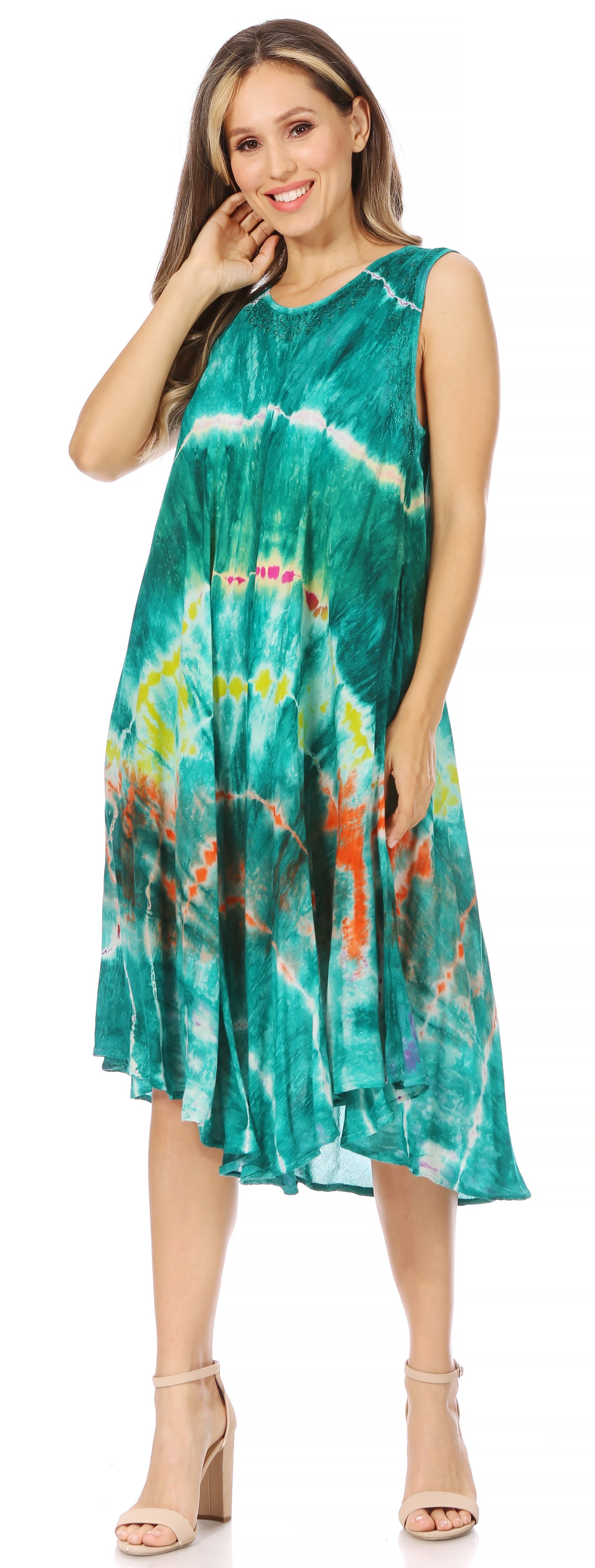 Sakkas - Nora Sleeveless Embroidered Short Tie Dye Caftan