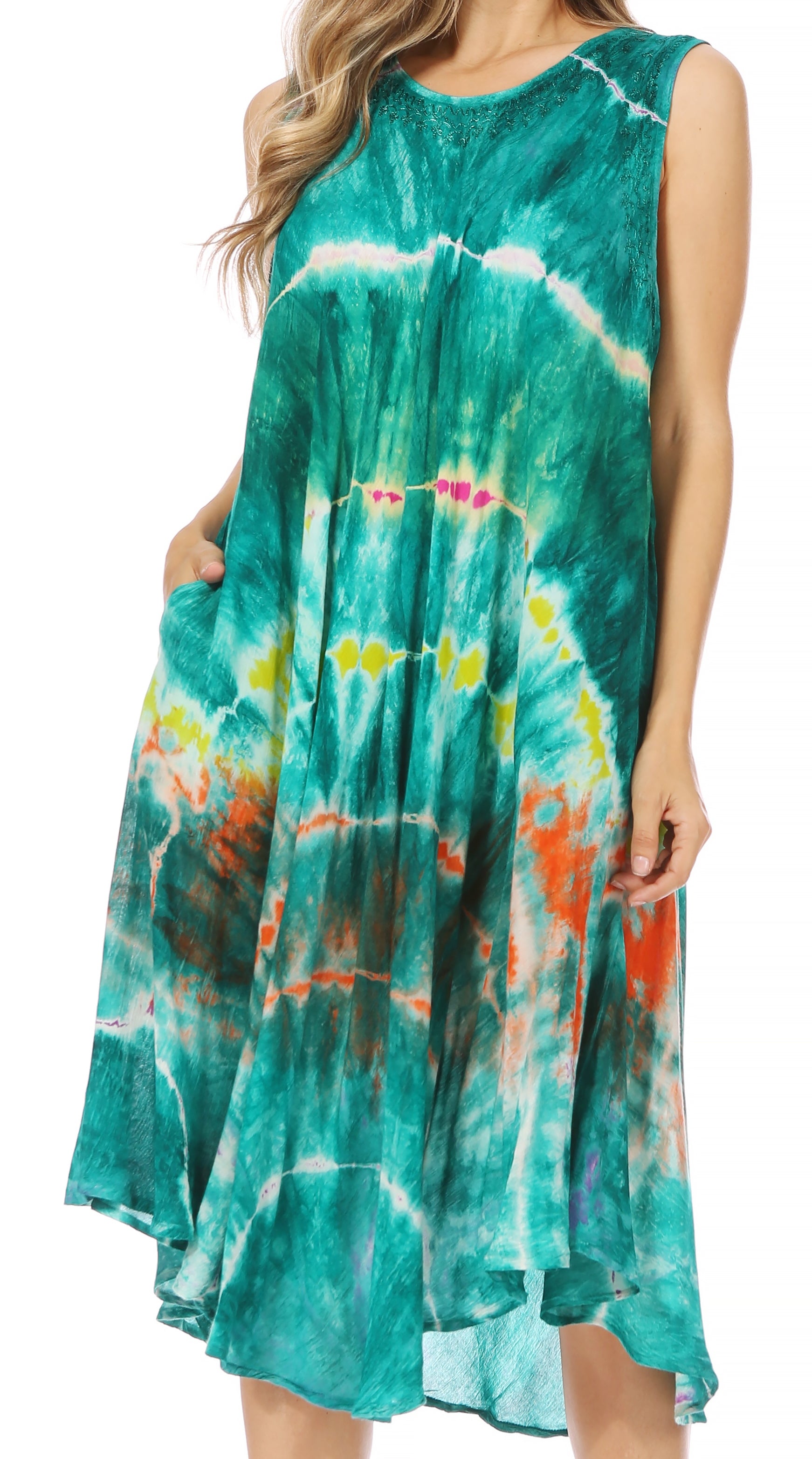 Sakkas - Nora Sleeveless Embroidered Short Tie Dye Caftan