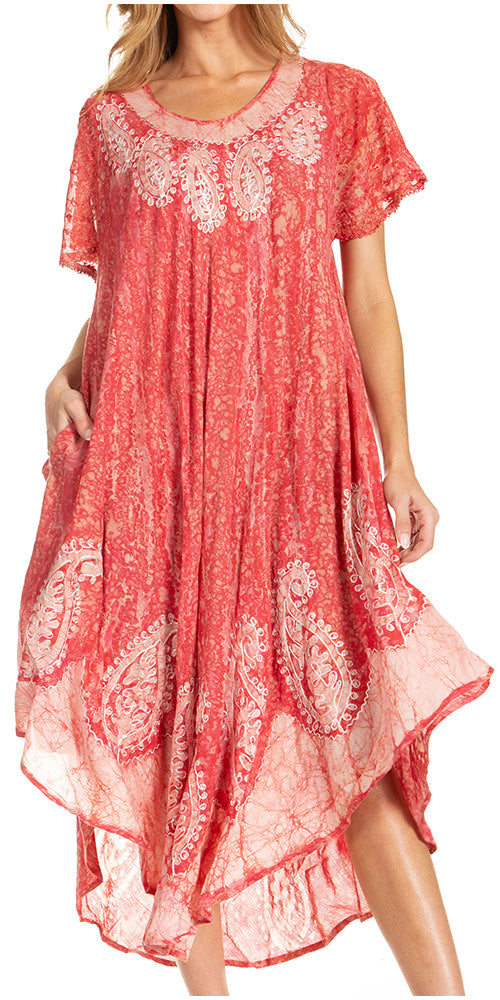 Red lace dress with white patterns on a white background