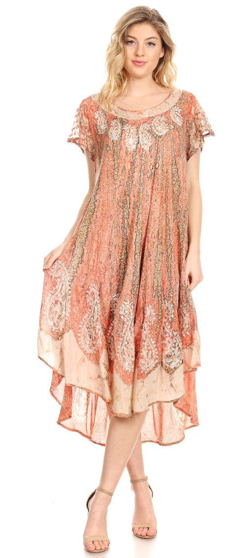 Woman wearing a floral patterned dress on a white background