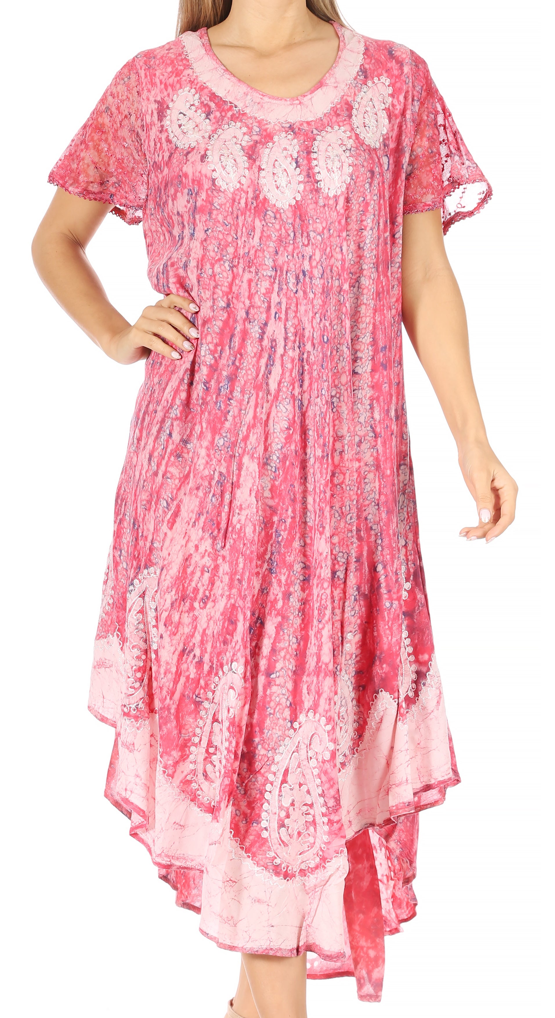 Pink floral dress worn by a person on a white background
