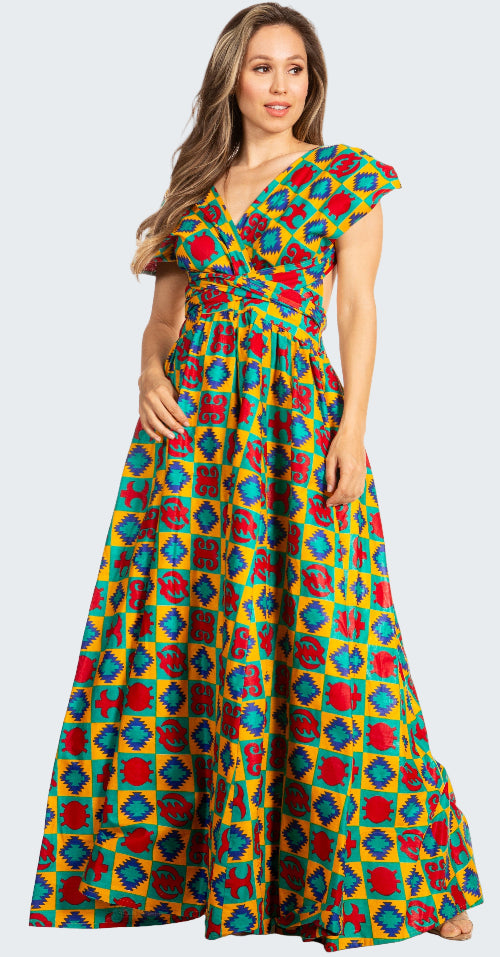 Woman wearing a colorful geometric patterned dress on a white background