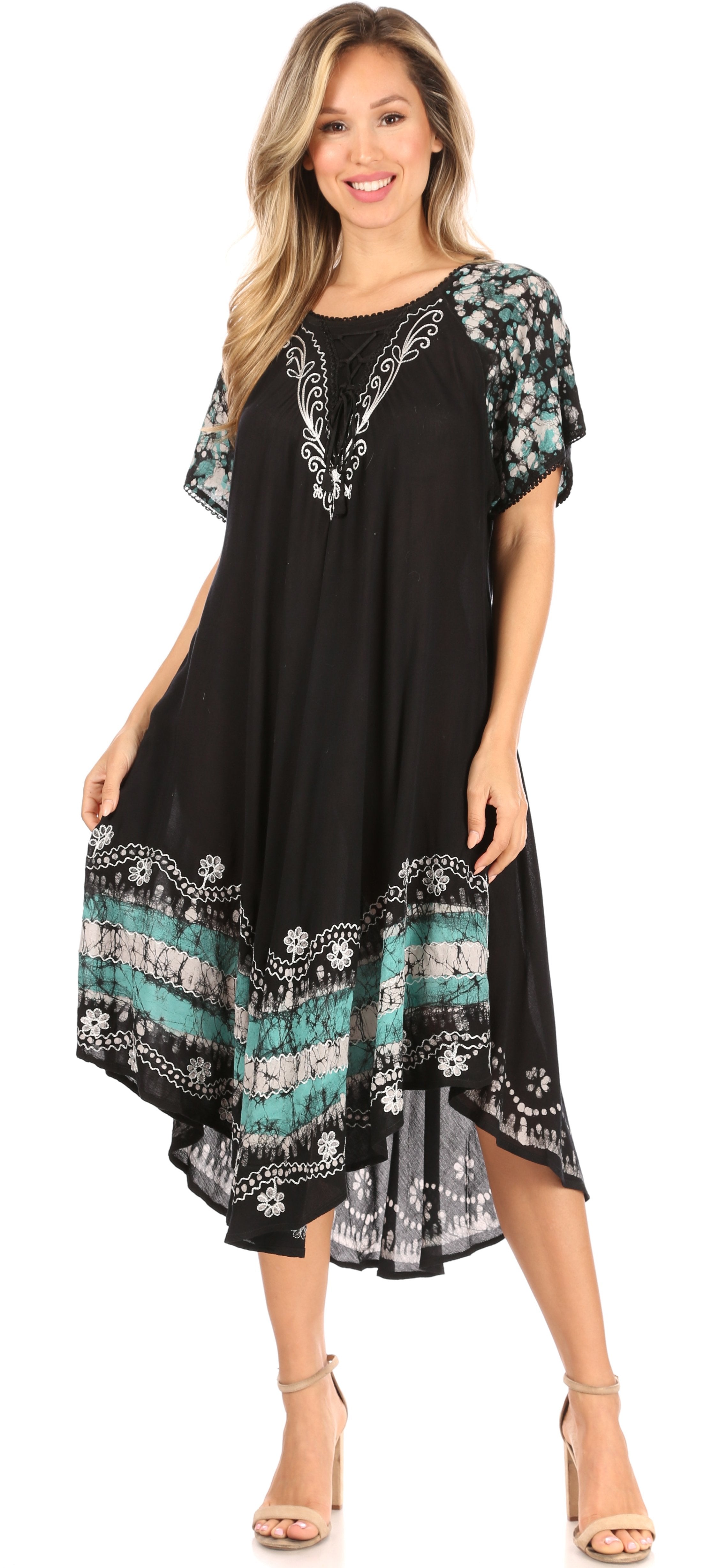 Sakkas - Elisha Mid Length Batik Caftan Embroidered Cap Sleeves Floral Pattern