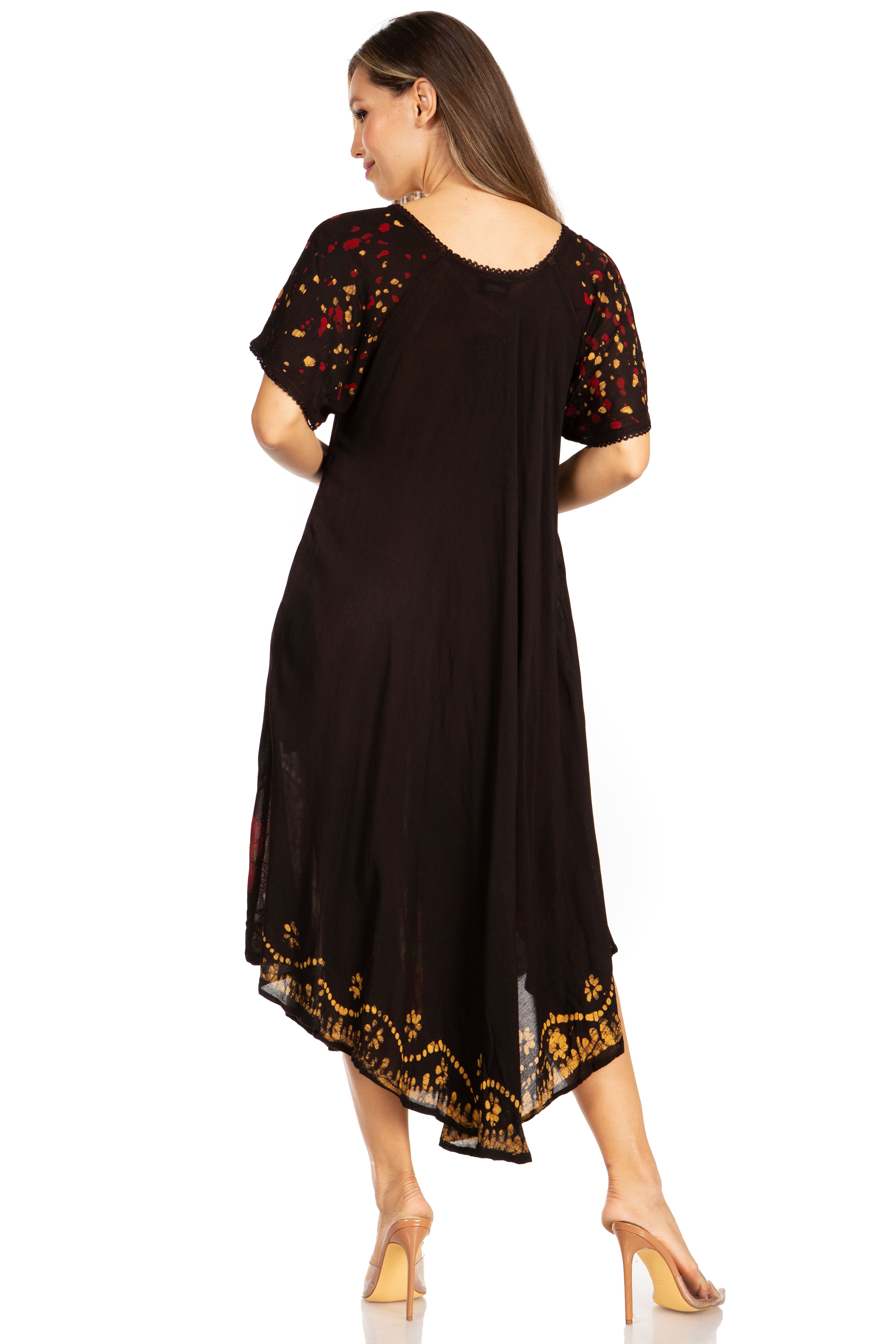 Sakkas - Elisha Mid Length Batik Caftan Embroidered Cap Sleeves Floral Pattern