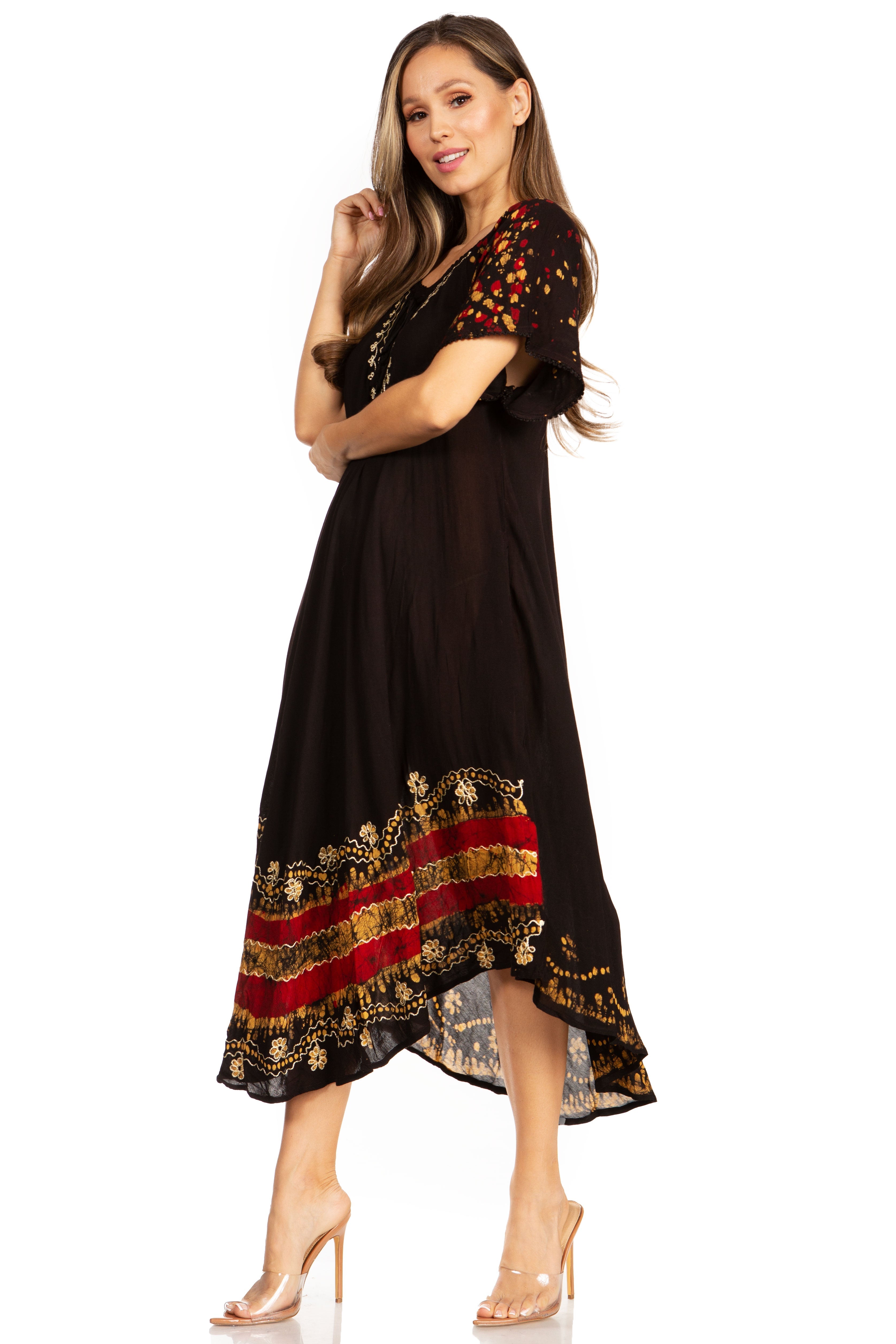 Sakkas - Elisha Mid Length Batik Caftan Embroidered Cap Sleeves Floral Pattern