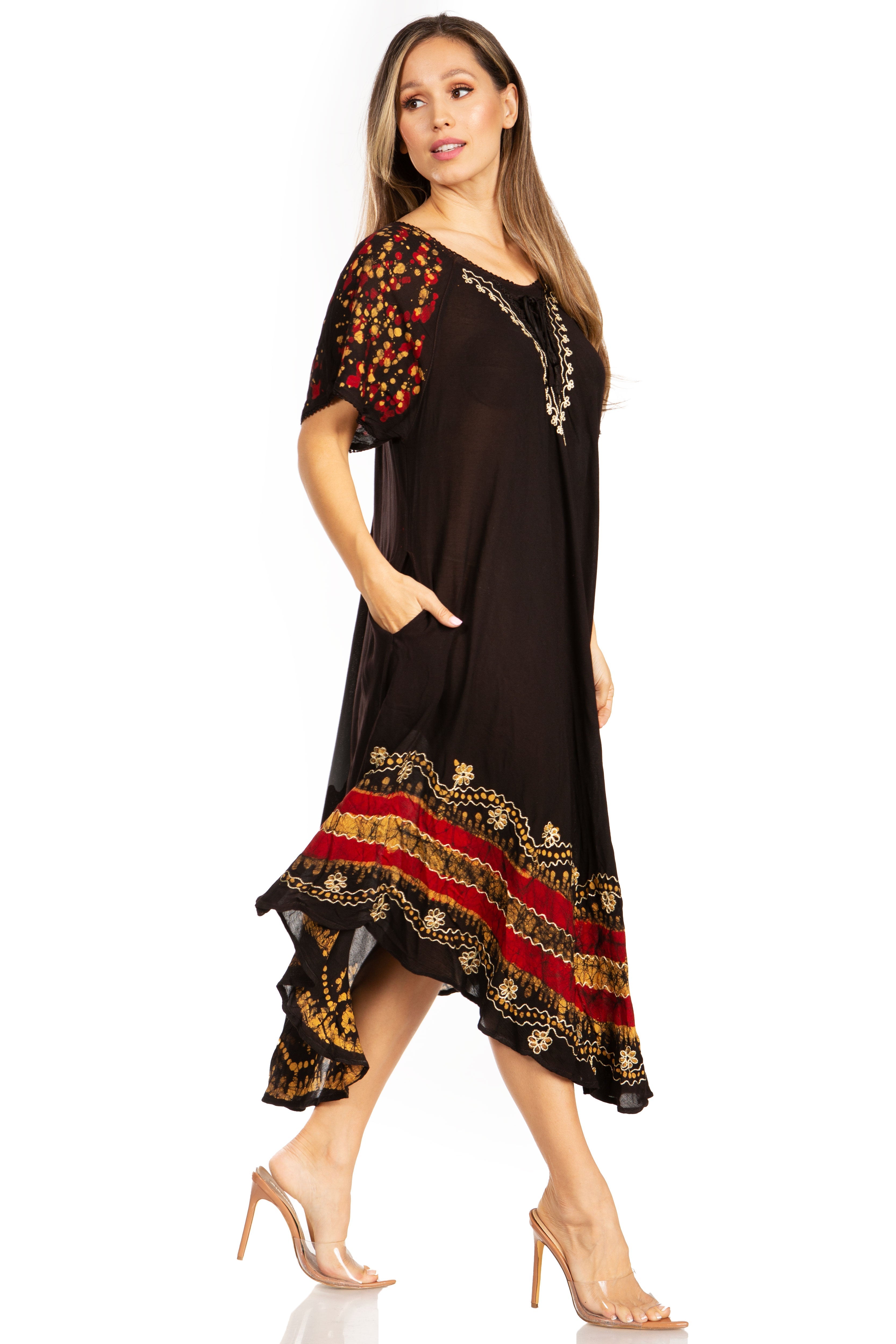 Sakkas - Elisha Mid Length Batik Caftan Embroidered Cap Sleeves Floral Pattern