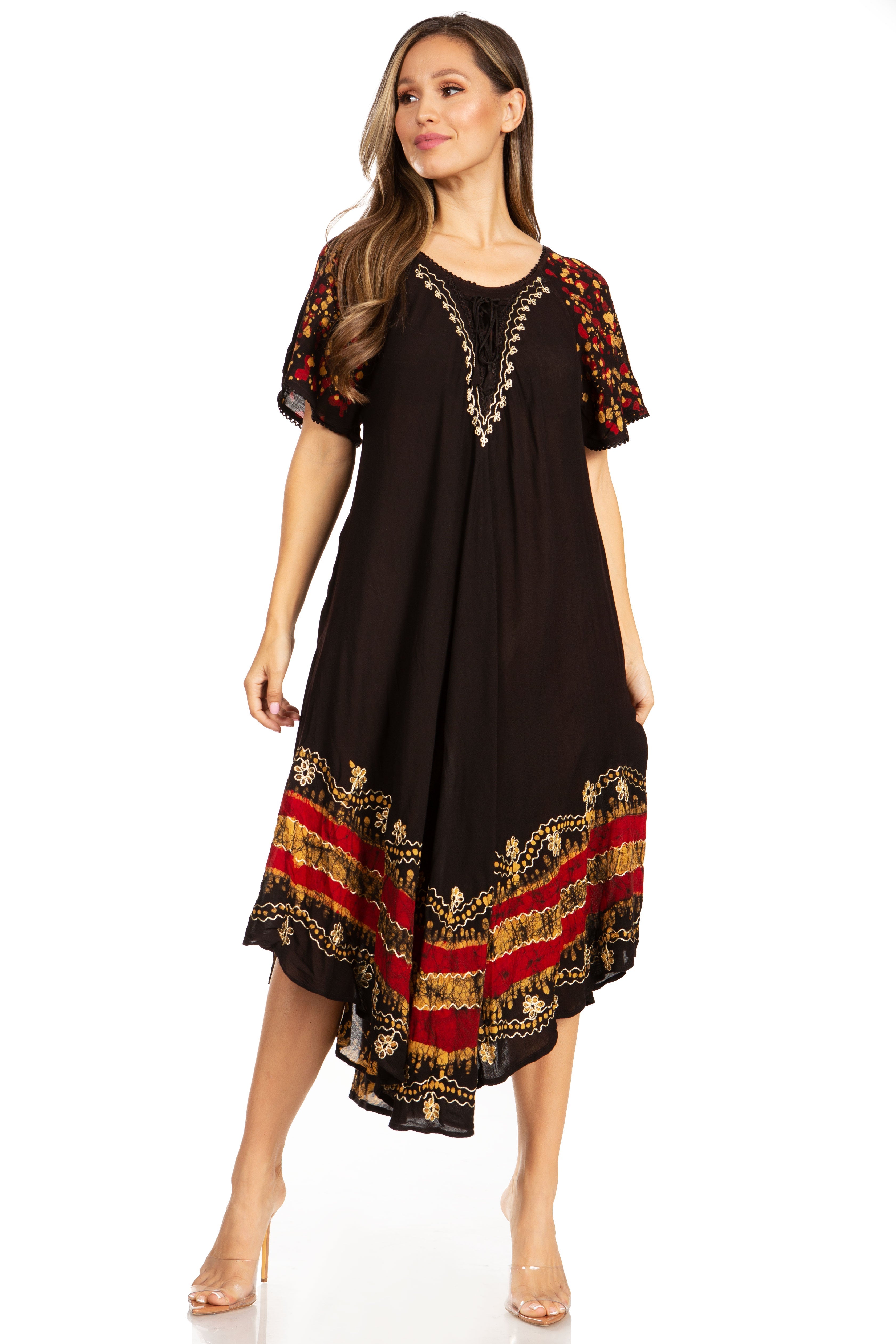 Sakkas - Elisha Mid Length Batik Caftan Embroidered Cap Sleeves Floral Pattern