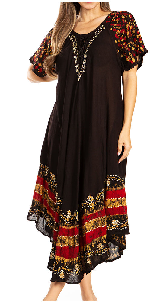 Sakkas - Elisha Mid Length Batik Caftan Embroidered Cap Sleeves Floral Pattern