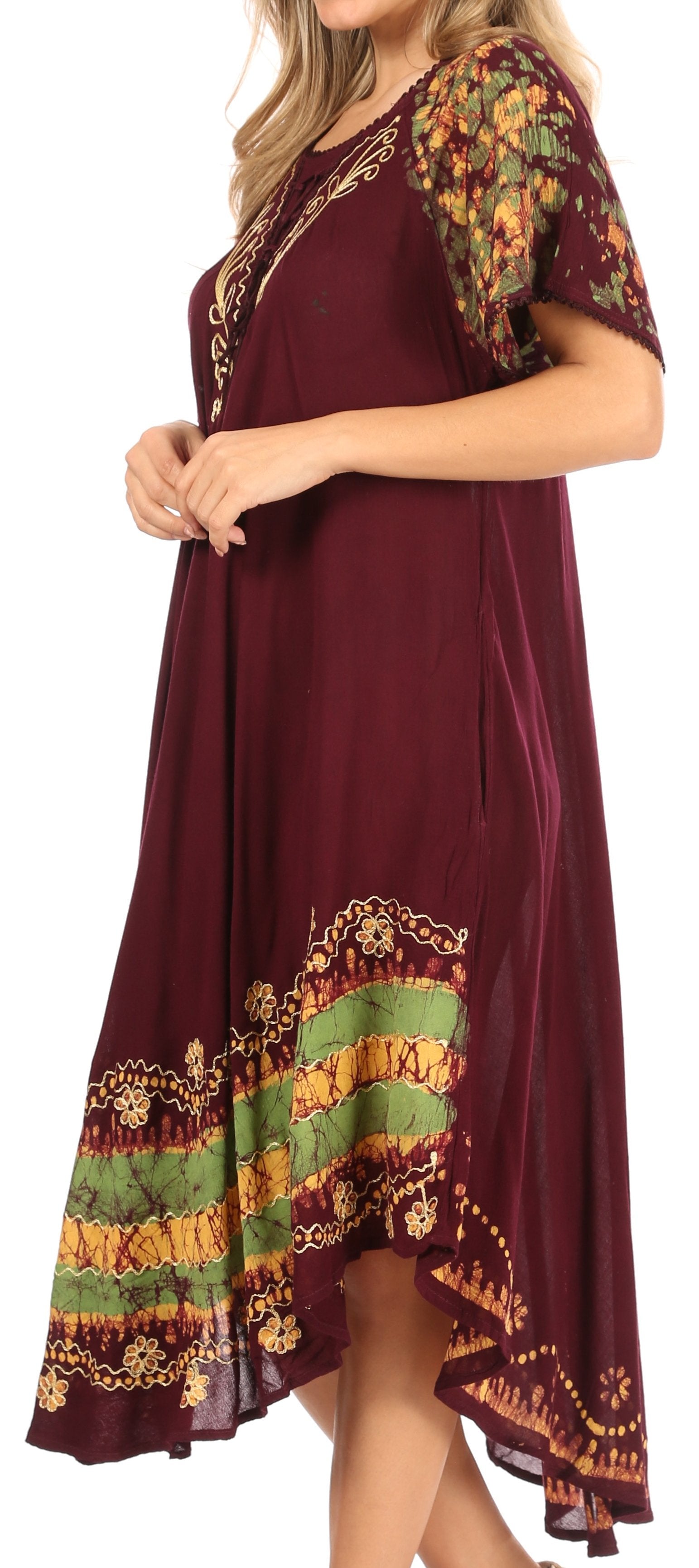 Sakkas - Elisha Mid Length Batik Caftan Embroidered Cap Sleeves Floral Pattern