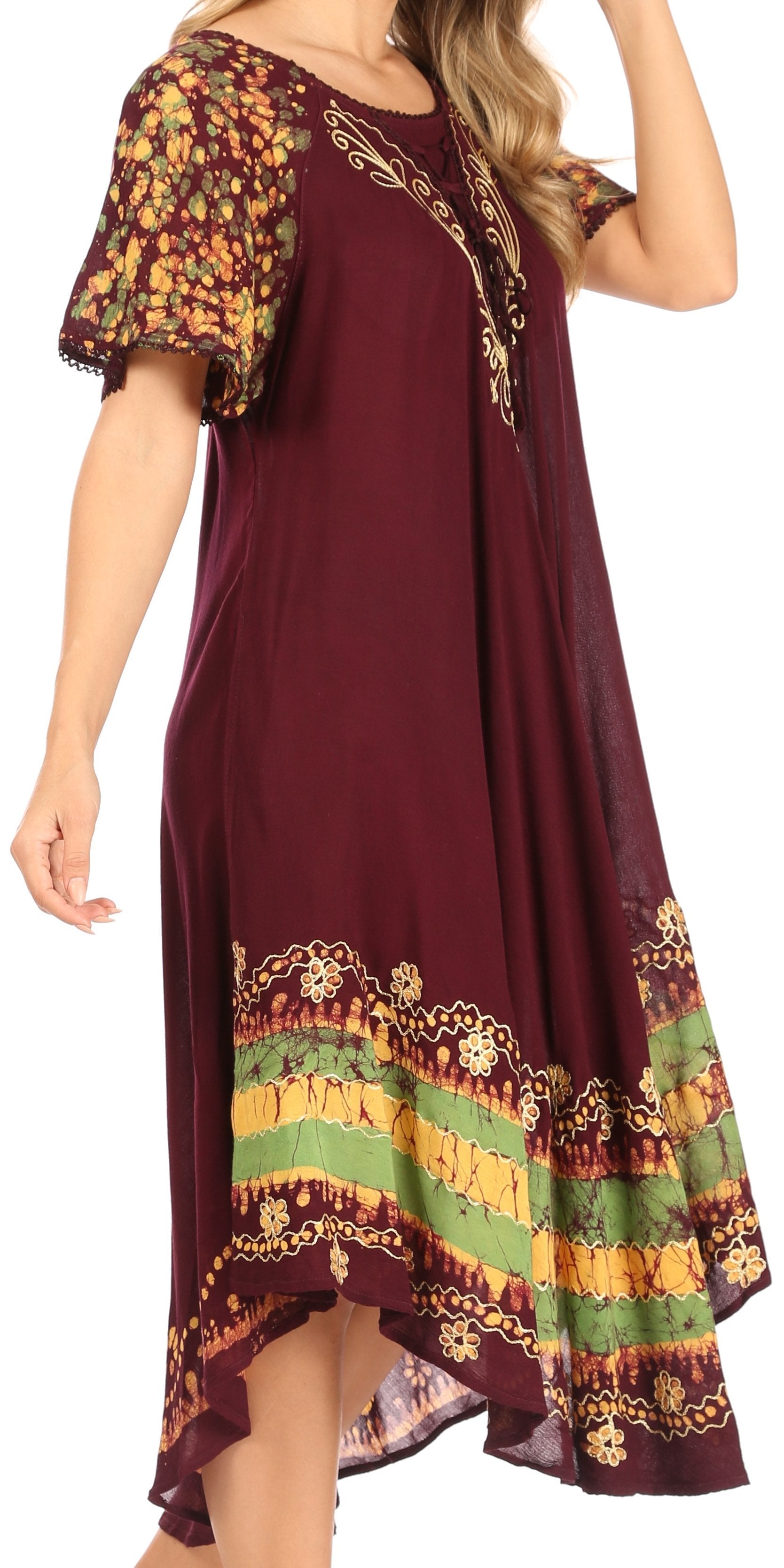 Sakkas - Elisha Mid Length Batik Caftan Embroidered Cap Sleeves Floral Pattern