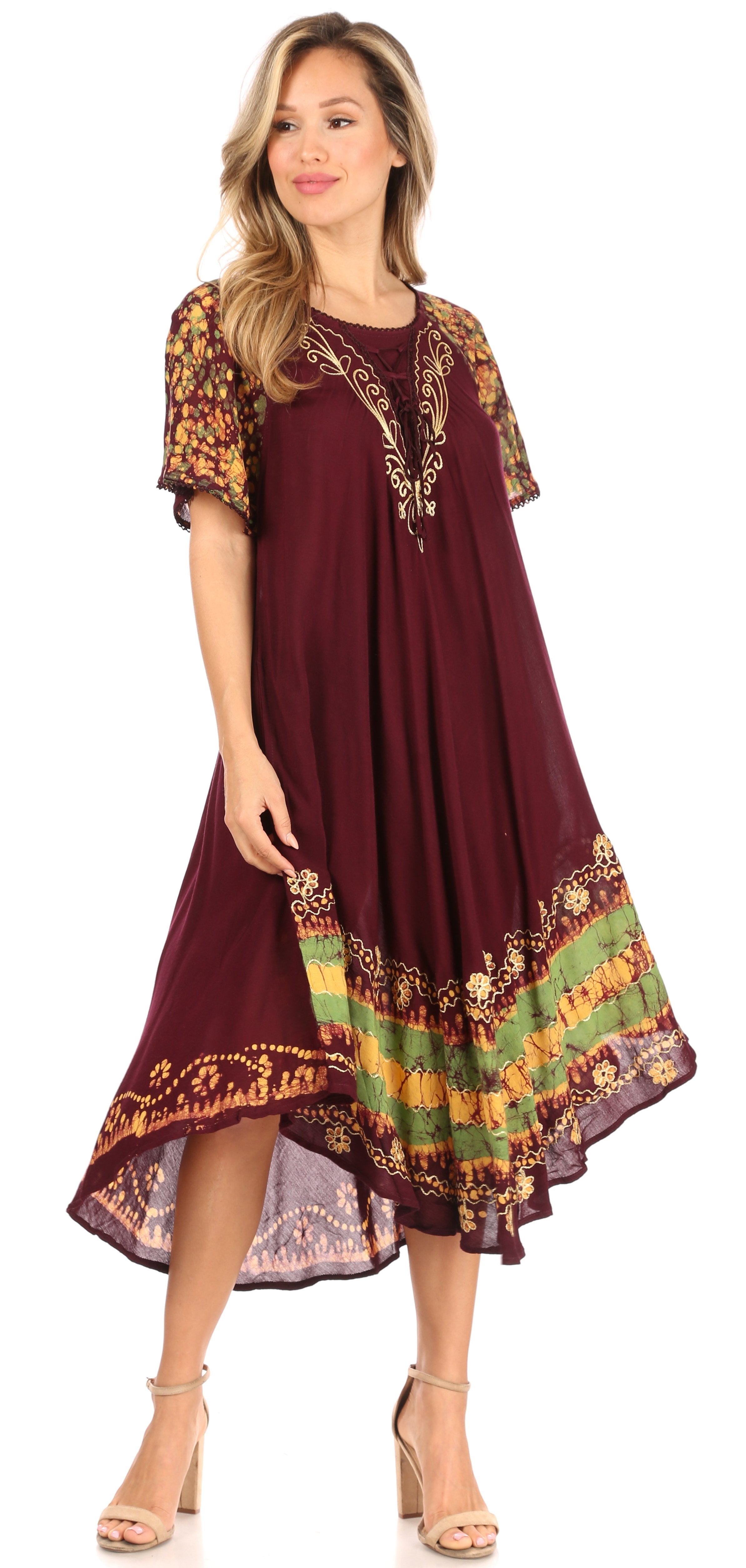 Sakkas - Elisha Mid Length Batik Caftan Embroidered Cap Sleeves Floral Pattern