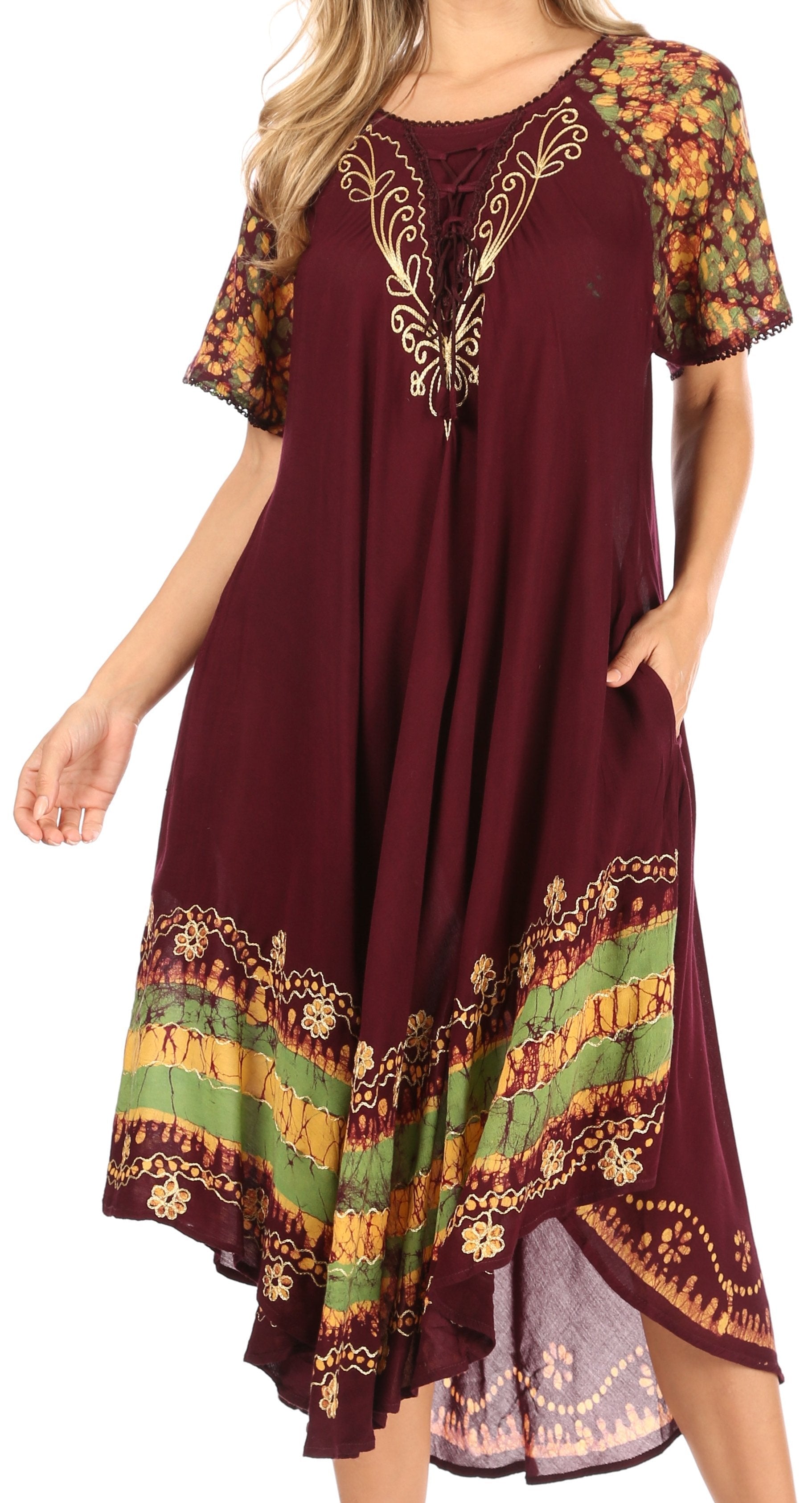 Sakkas - Elisha Mid Length Batik Caftan Embroidered Cap Sleeves Floral Pattern