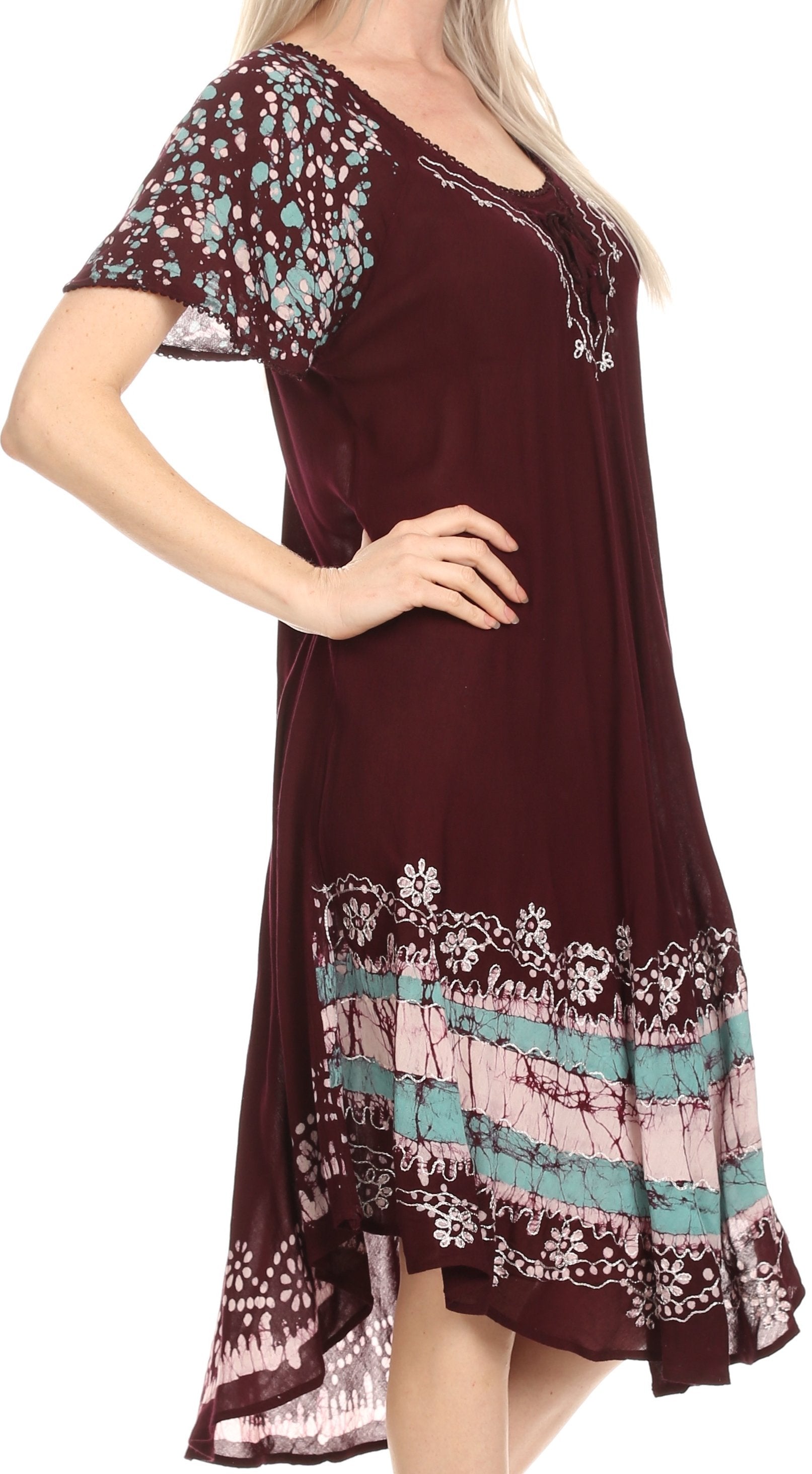 Sakkas - Elisha Mid Length Batik Caftan Embroidered Cap Sleeves Floral Pattern