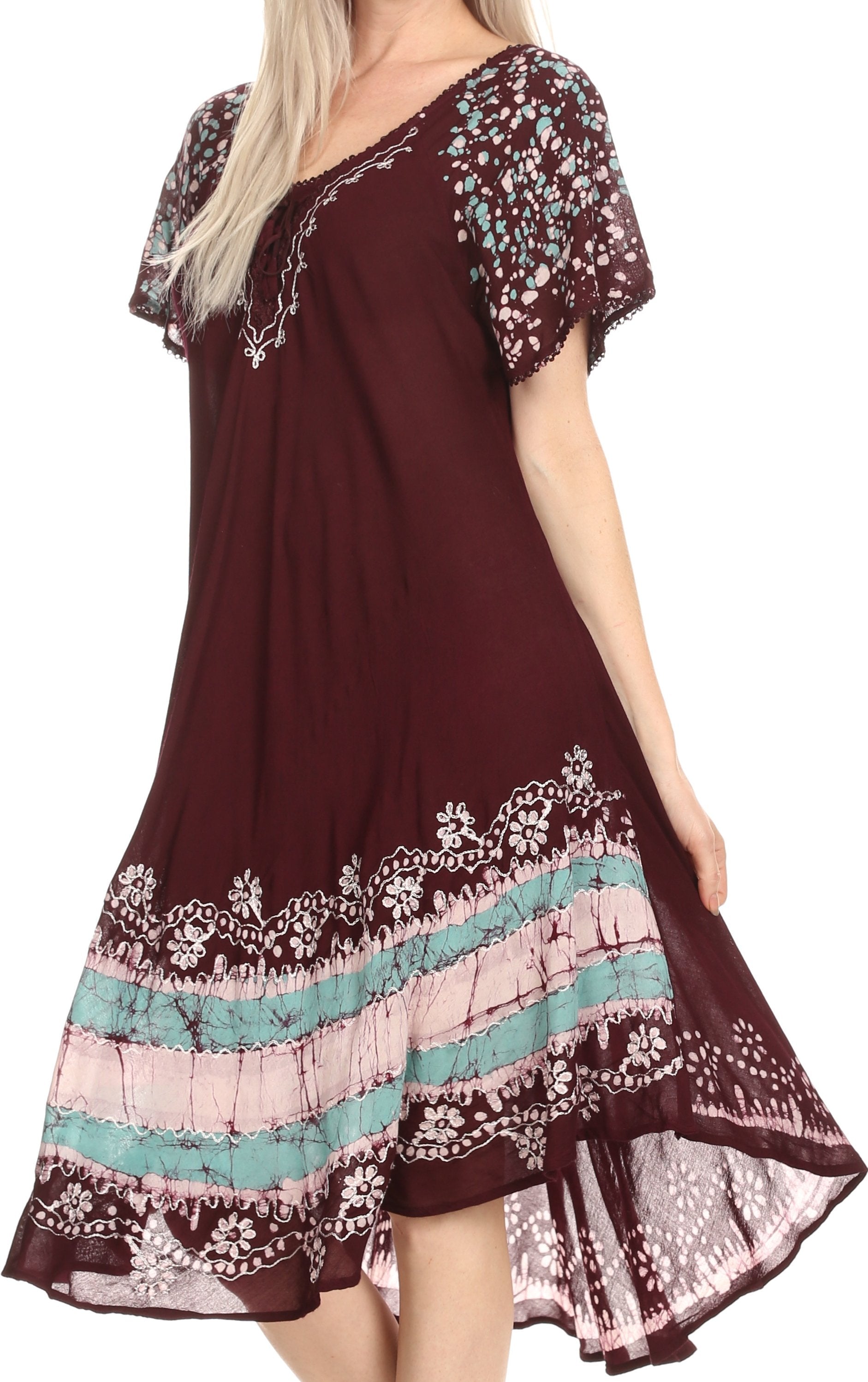 Sakkas - Elisha Mid Length Batik Caftan Embroidered Cap Sleeves Floral Pattern