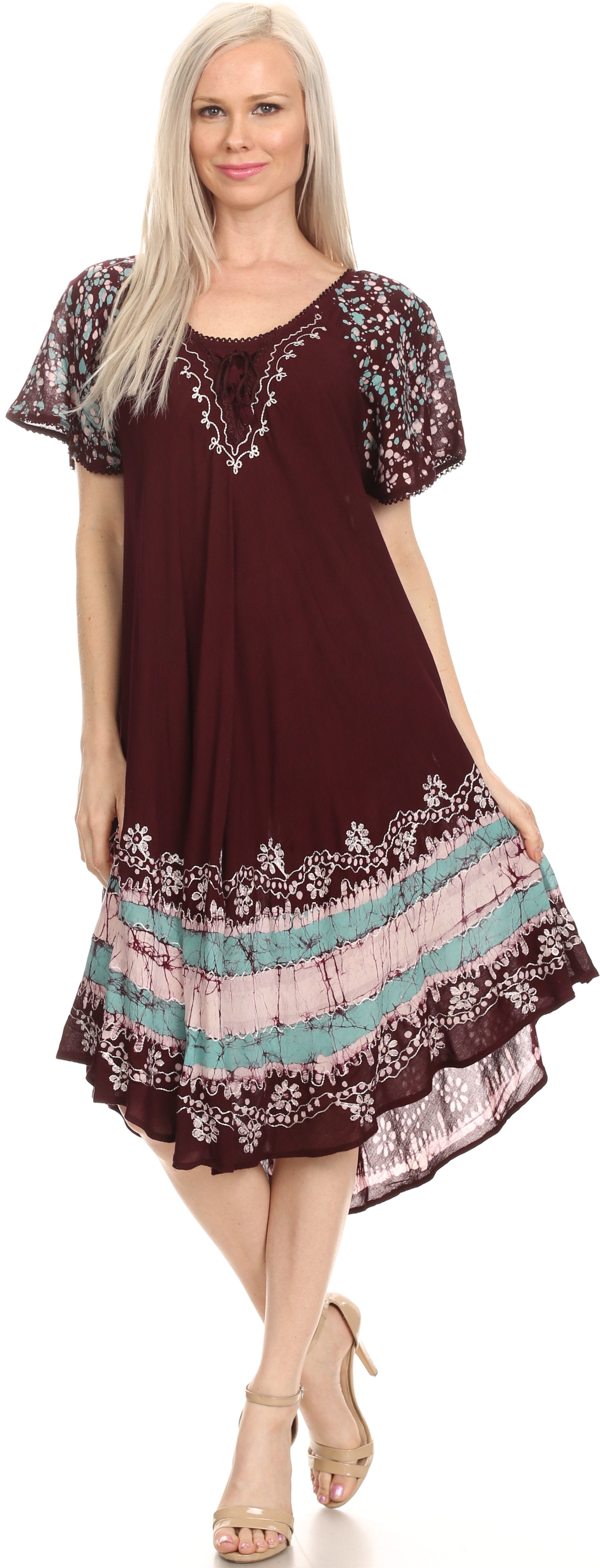 Sakkas - Elisha Mid Length Batik Caftan Embroidered Cap Sleeves Floral Pattern