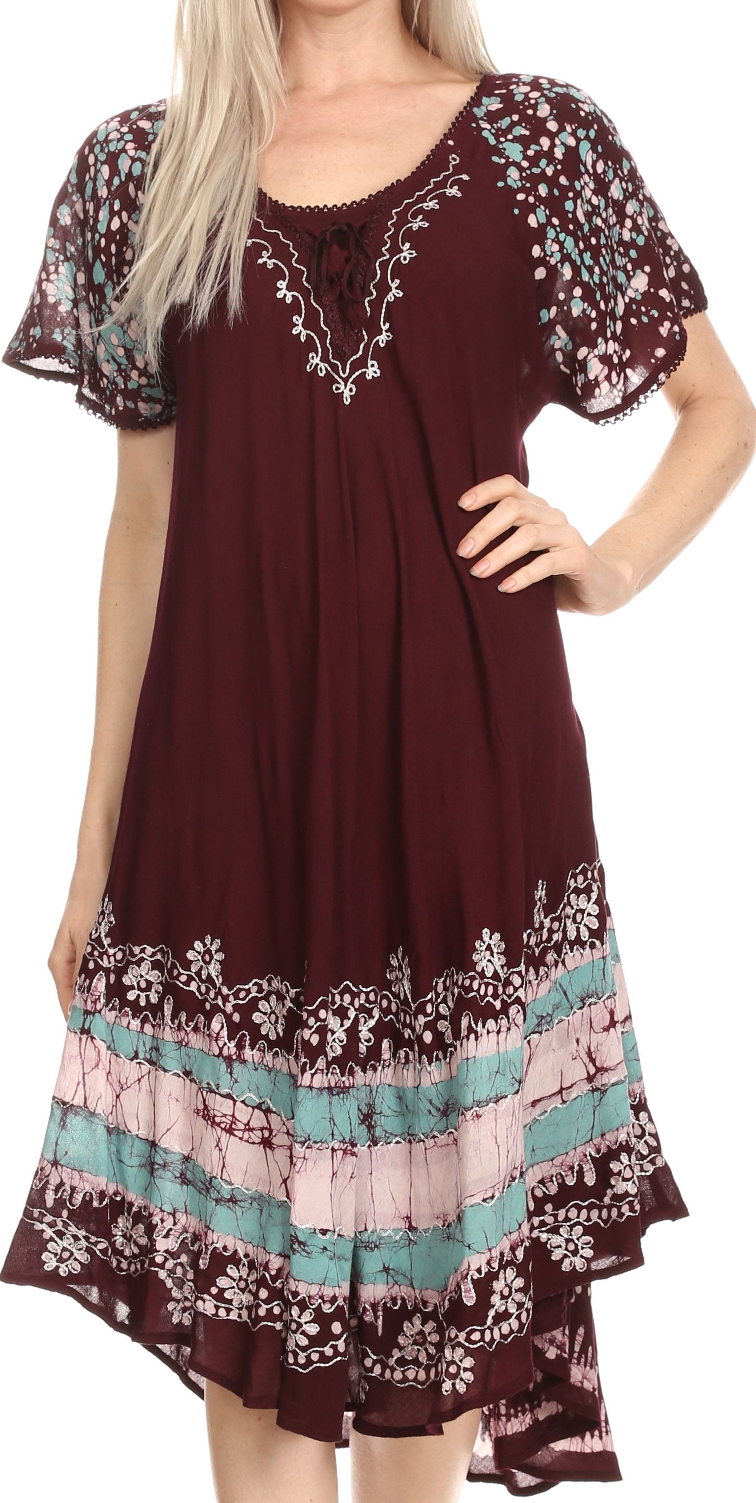 Sakkas - Elisha Mid Length Batik Caftan Embroidered Cap Sleeves Floral Pattern