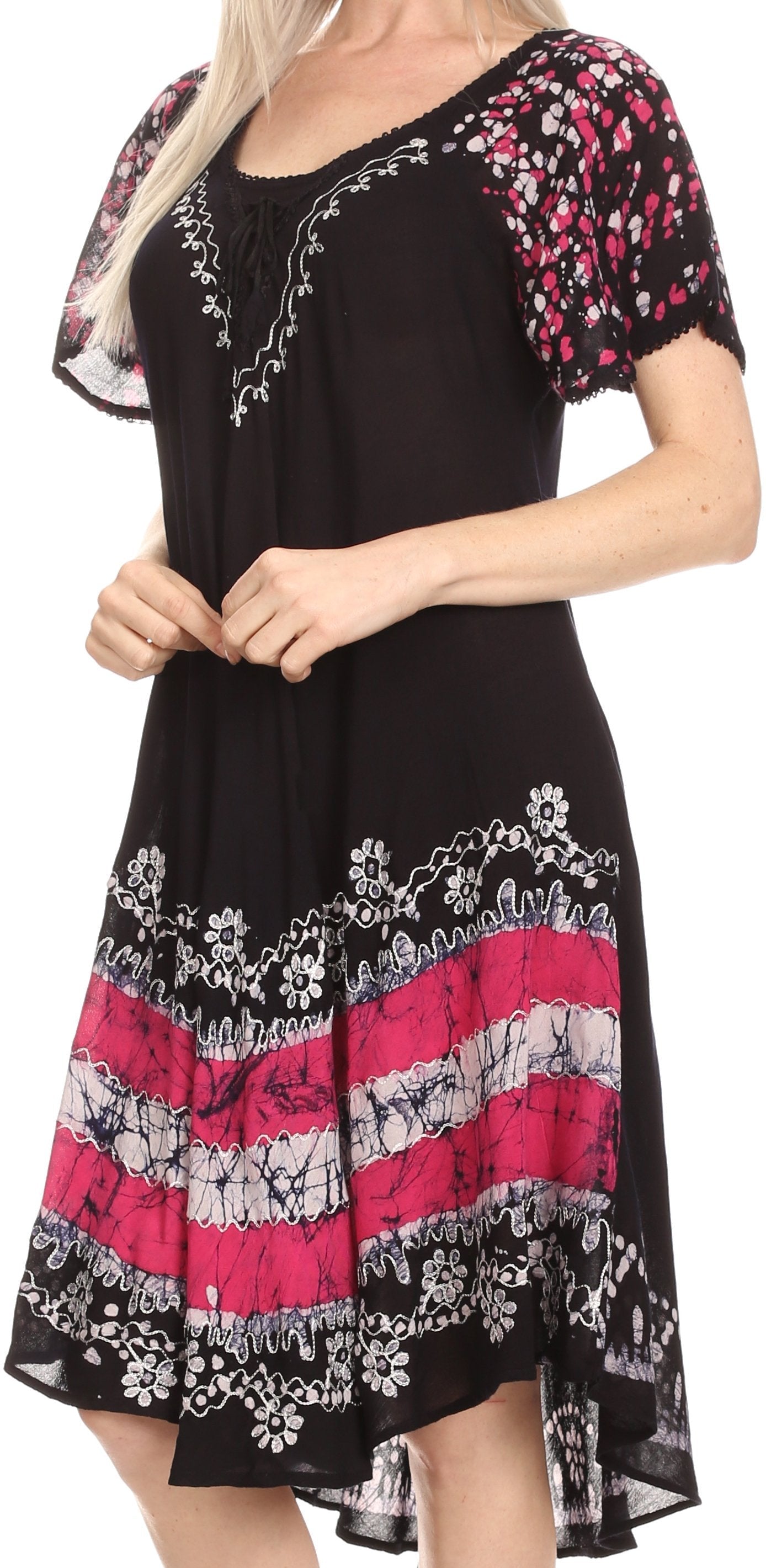 Sakkas - Elisha Mid Length Batik Caftan Embroidered Cap Sleeves Floral Pattern