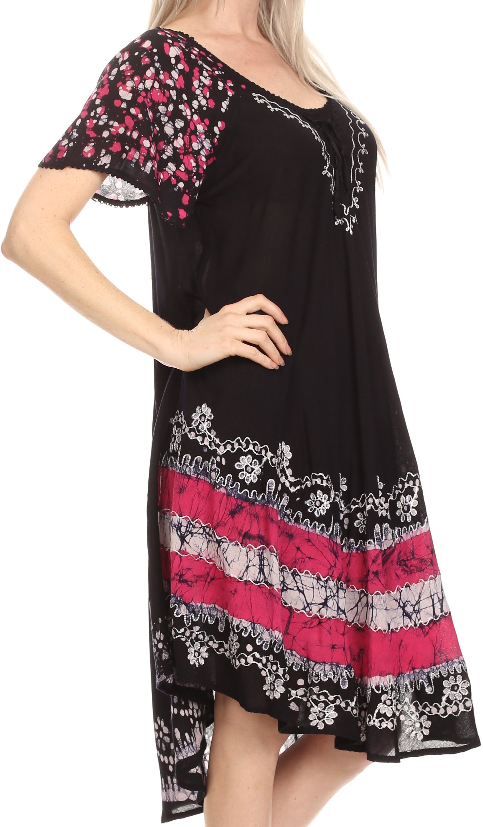 Sakkas - Elisha Mid Length Batik Caftan Embroidered Cap Sleeves Floral Pattern