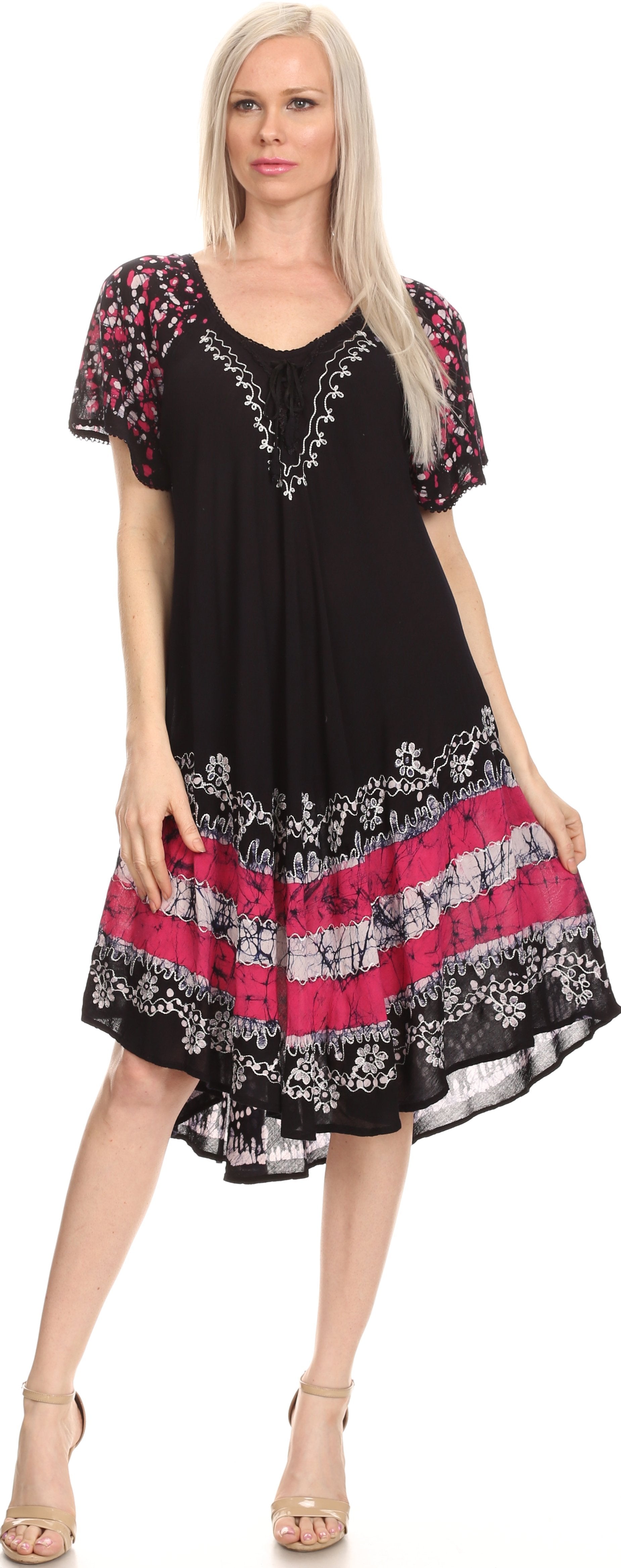 Sakkas - Elisha Mid Length Batik Caftan Embroidered Cap Sleeves Floral Pattern