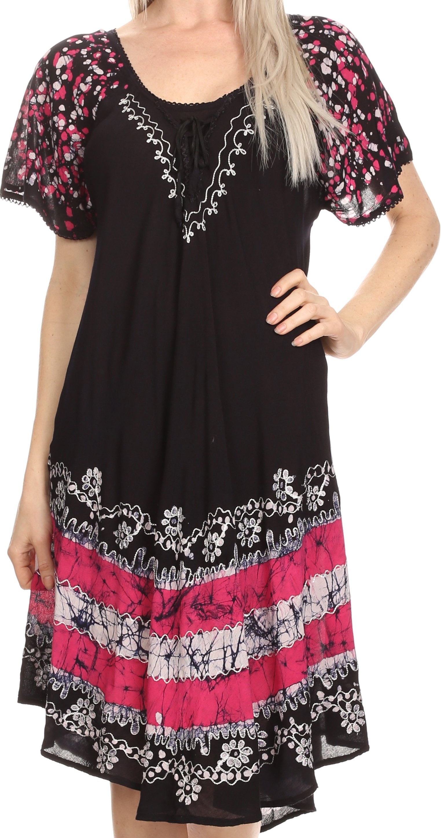 Sakkas - Elisha Mid Length Batik Caftan Embroidered Cap Sleeves Floral Pattern