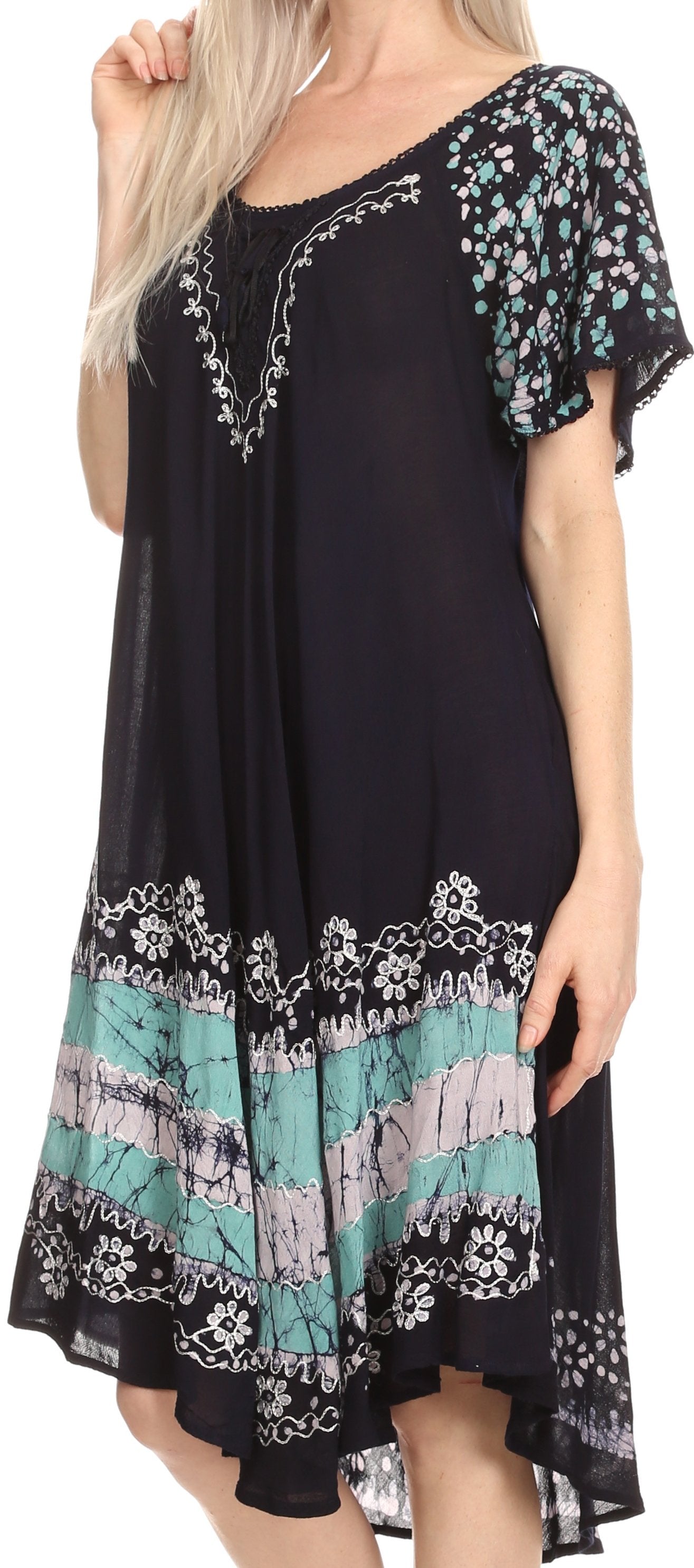 Sakkas - Elisha Mid Length Batik Caftan Embroidered Cap Sleeves Floral Pattern