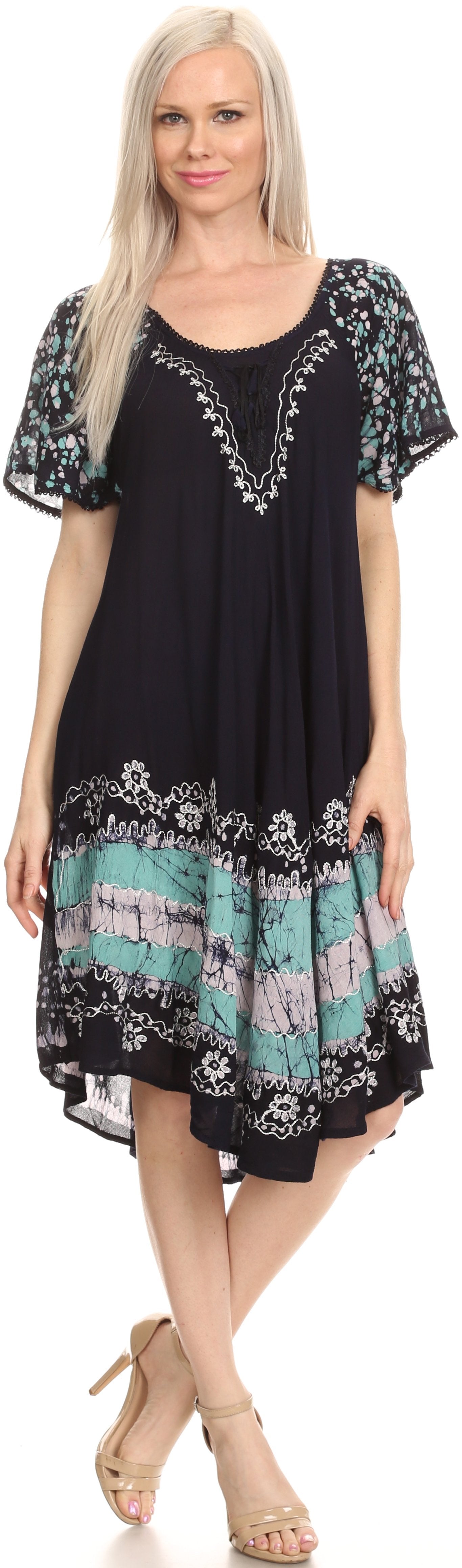Sakkas - Elisha Mid Length Batik Caftan Embroidered Cap Sleeves Floral Pattern