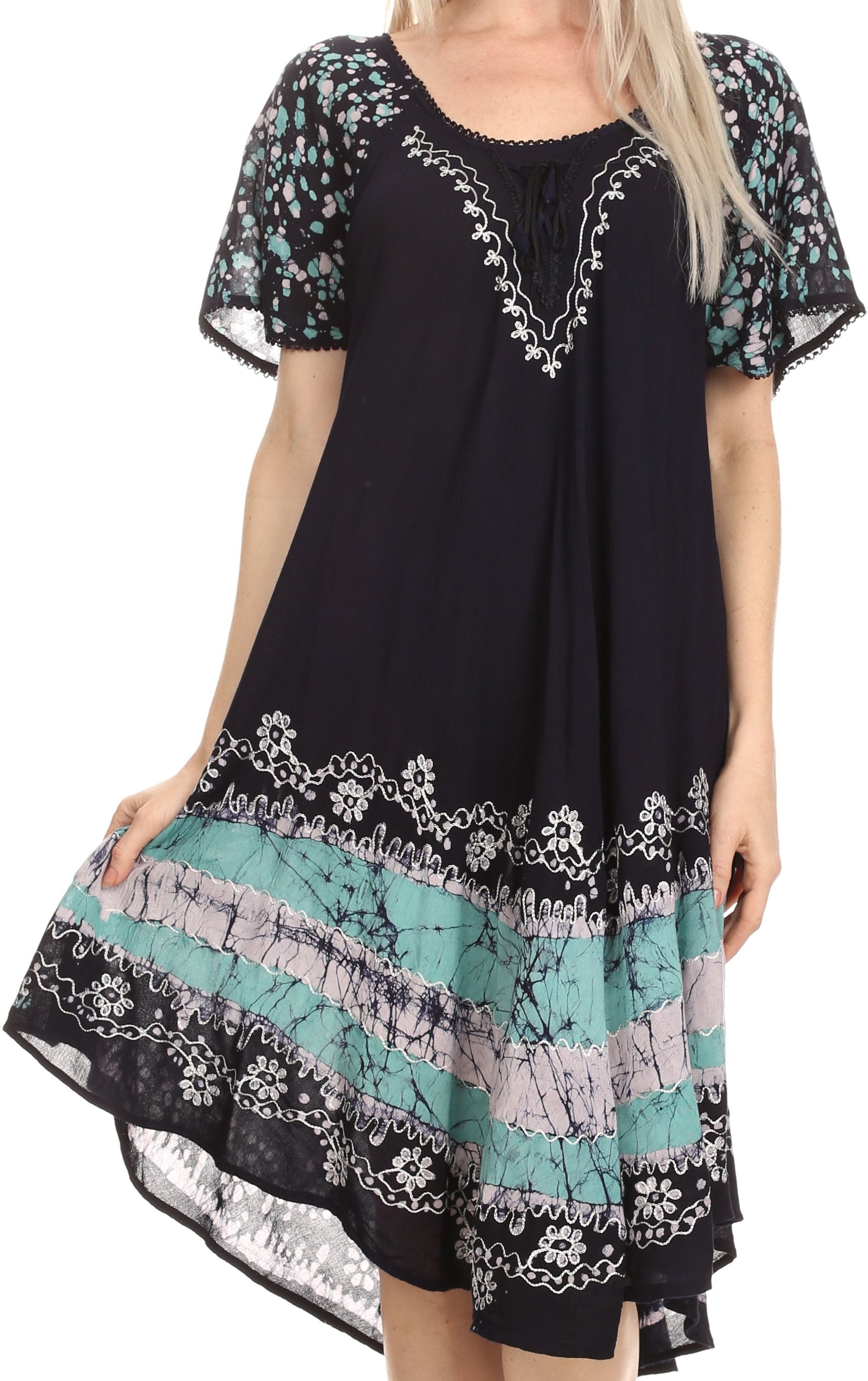 Sakkas - Elisha Mid Length Batik Caftan Embroidered Cap Sleeves Floral Pattern