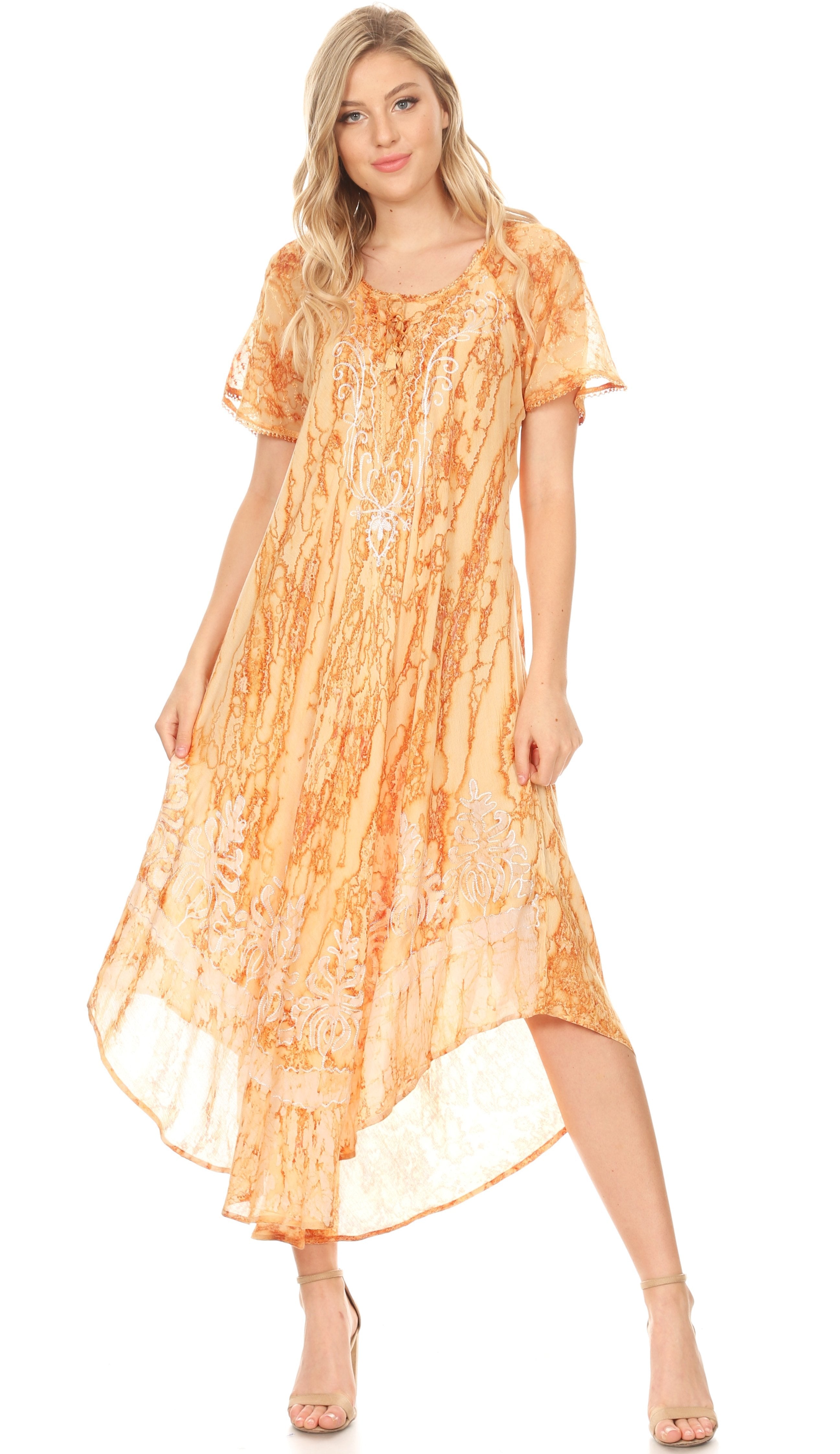 Sakkas - Ronny Lace Embroidered Cap Sleeve Tie Dye Wash Caftan Dress / Cover Up