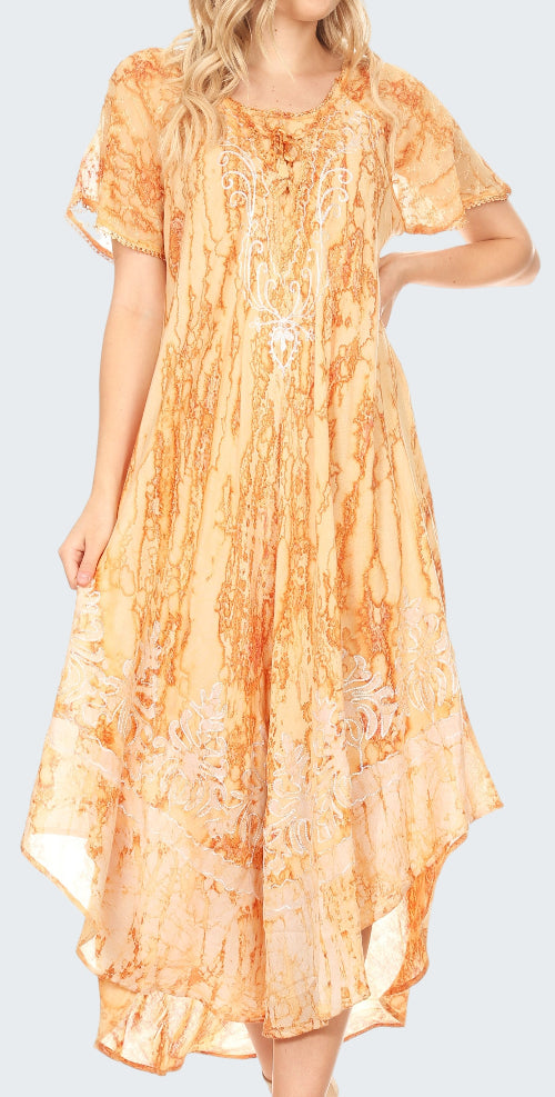 Woman wearing an orange tie-dye dress on a white background