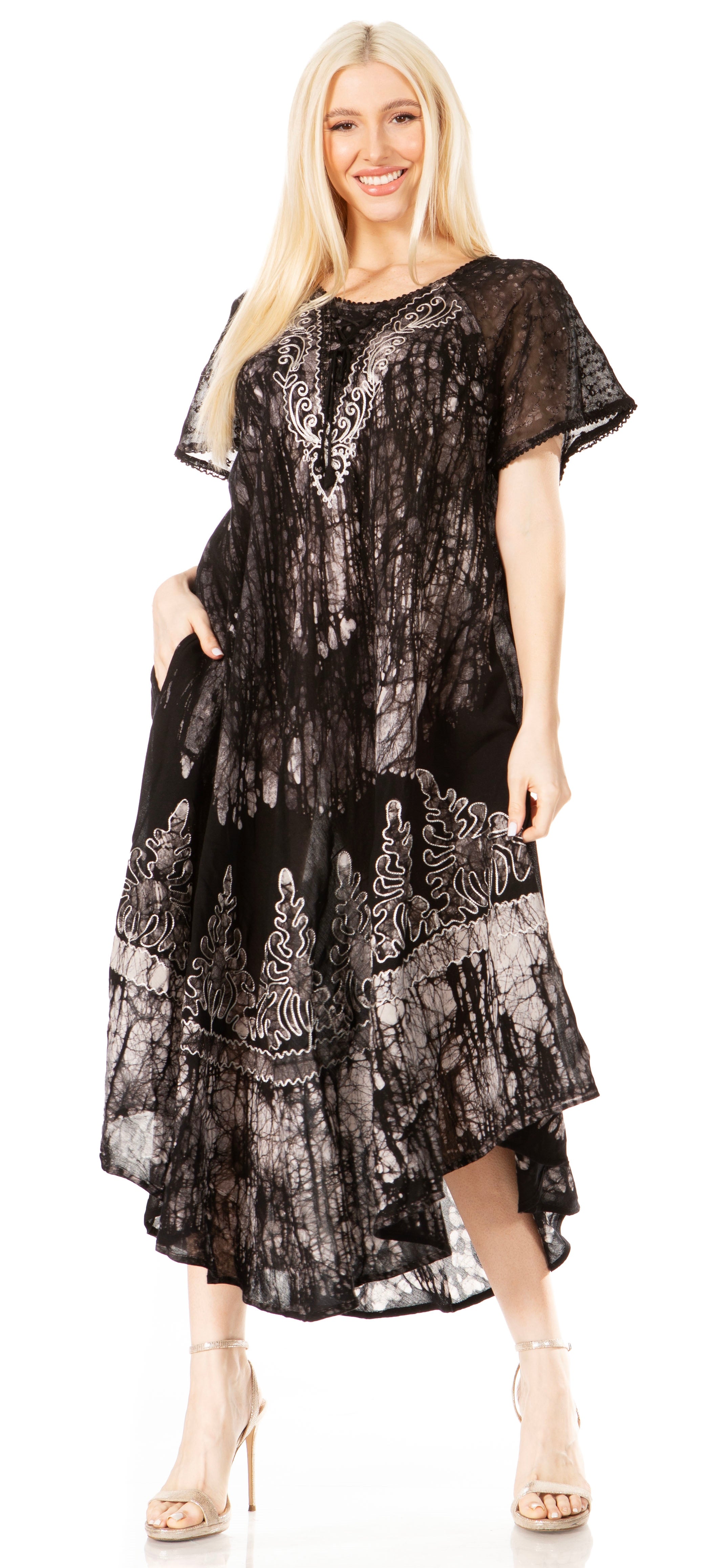 Sakkas - Ronny Lace Embroidered Cap Sleeve Tie Dye Wash Caftan Dress / Cover Up