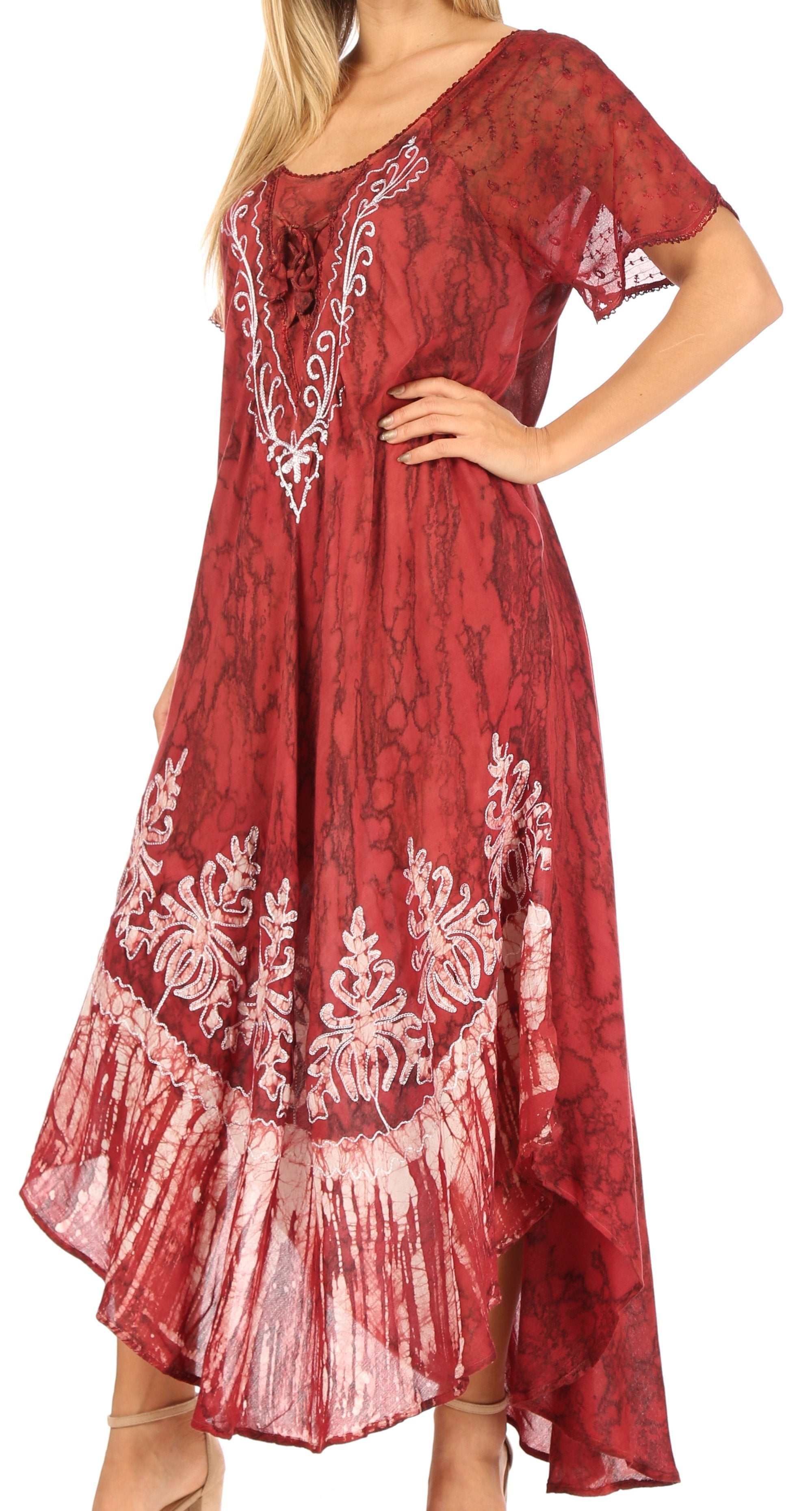 Sakkas - Ronny Lace Embroidered Cap Sleeve Tie Dye Wash Caftan Dress / Cover Up
