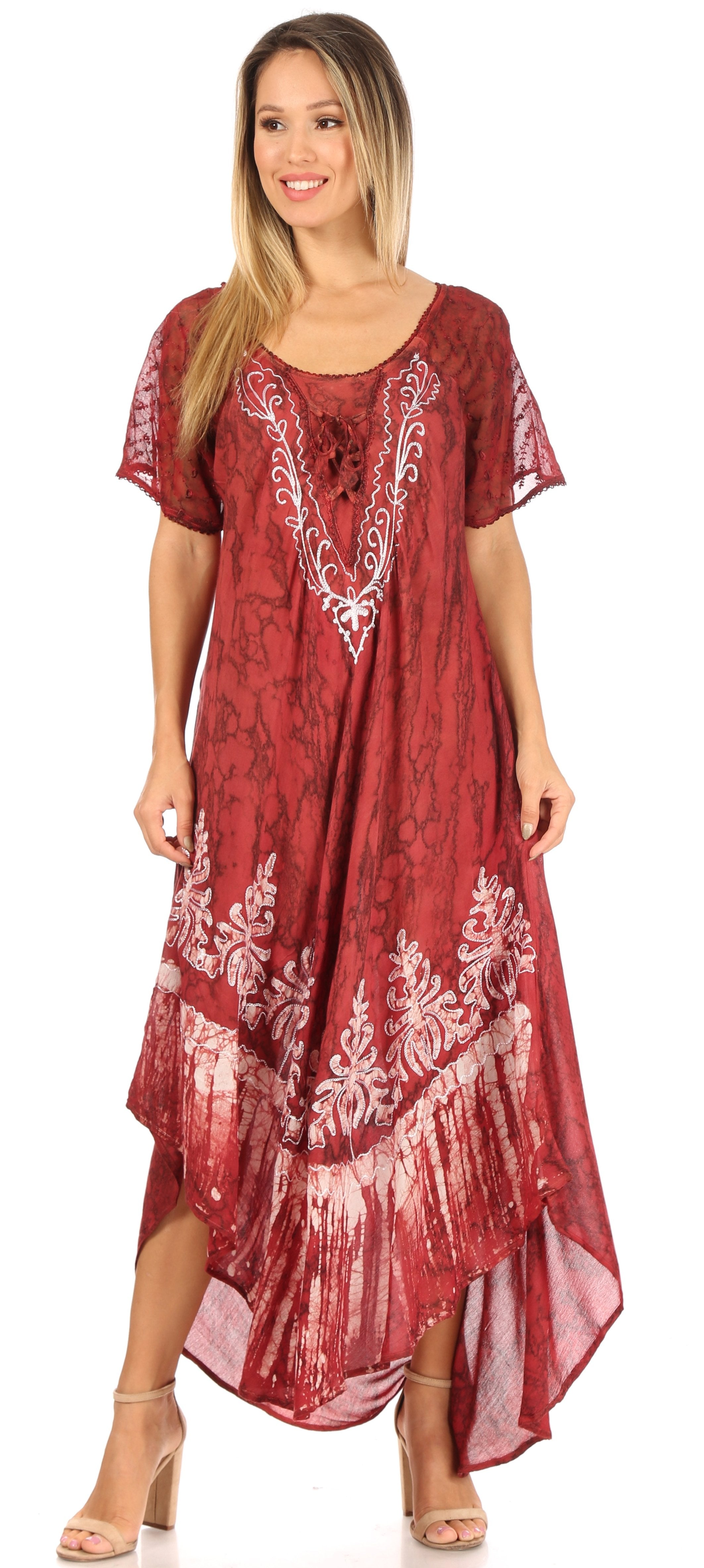 Sakkas - Ronny Lace Embroidered Cap Sleeve Tie Dye Wash Caftan Dress / Cover Up