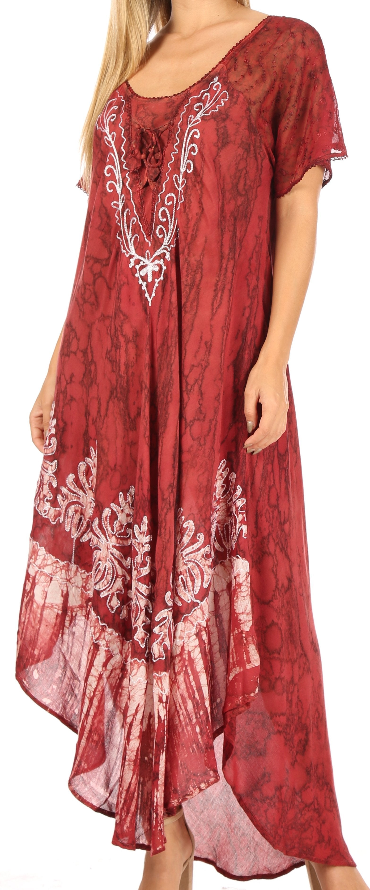 Sakkas - Ronny Lace Embroidered Cap Sleeve Tie Dye Wash Caftan Dress / Cover Up