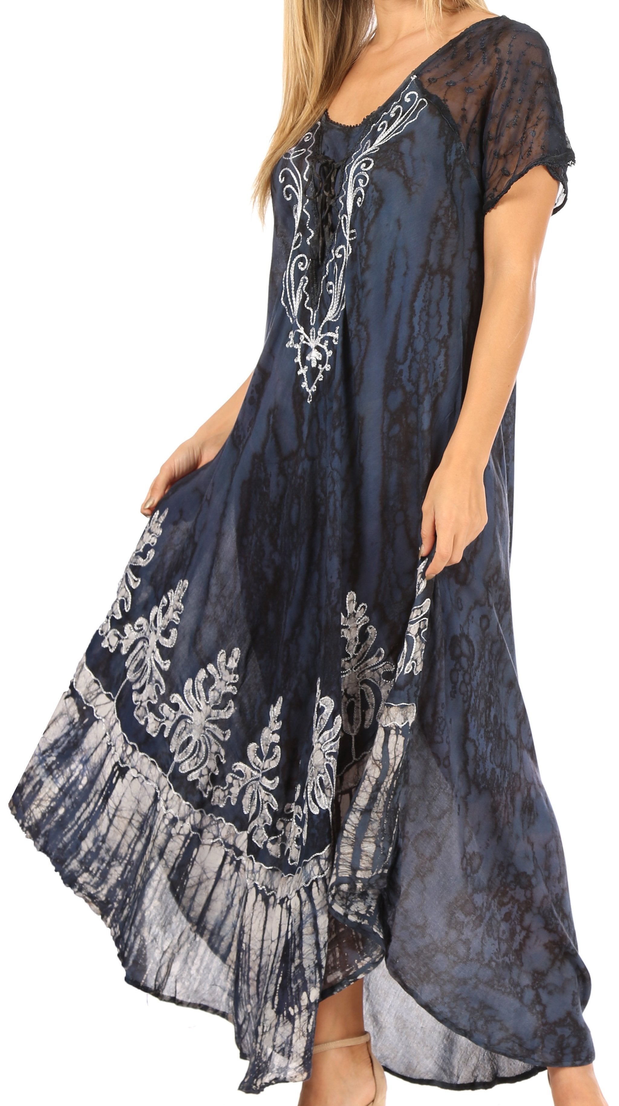 Sakkas - Ronny Lace Embroidered Cap Sleeve Tie Dye Wash Caftan Dress / Cover Up