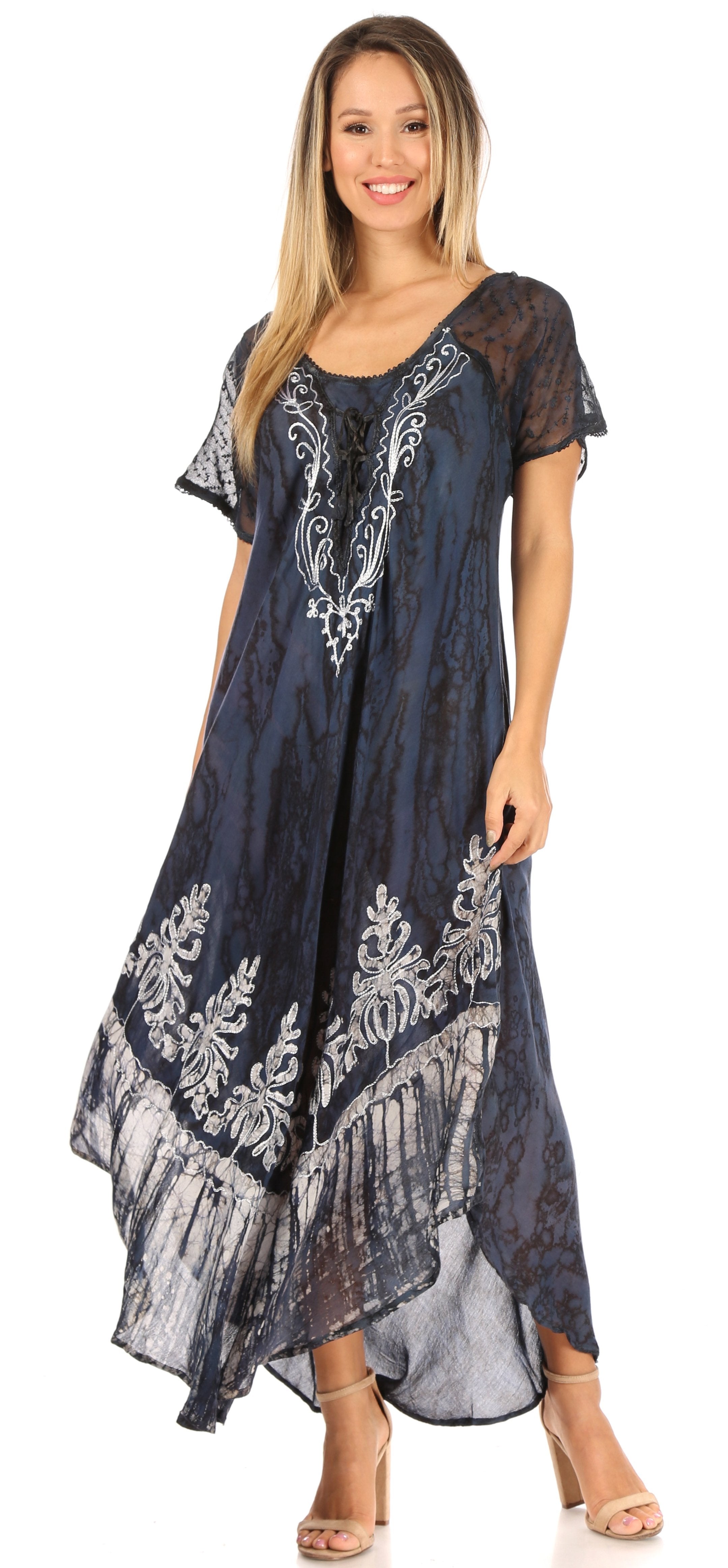 Sakkas - Ronny Lace Embroidered Cap Sleeve Tie Dye Wash Caftan Dress / Cover Up