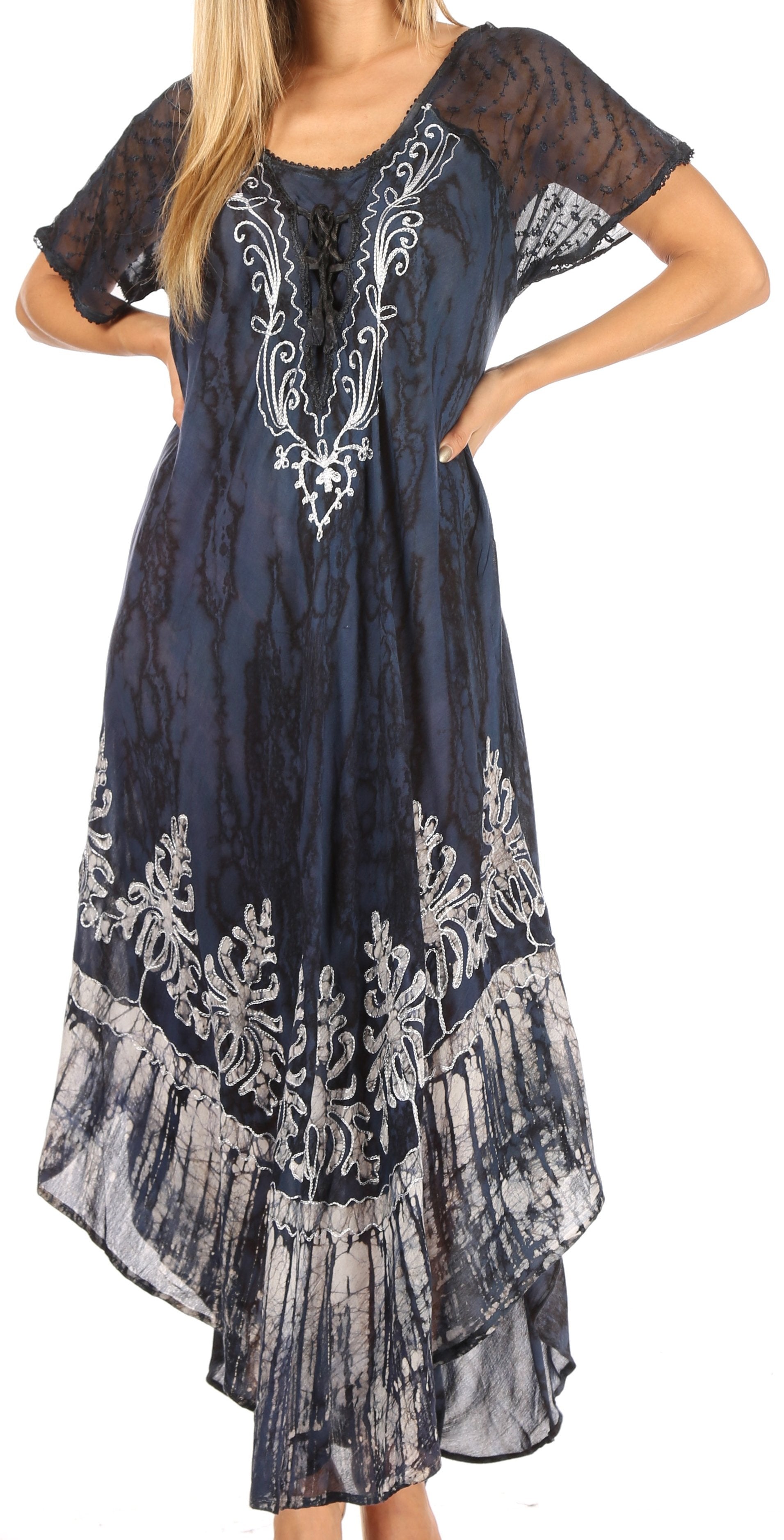 Sakkas - Ronny Lace Embroidered Cap Sleeve Tie Dye Wash Caftan Dress / Cover Up